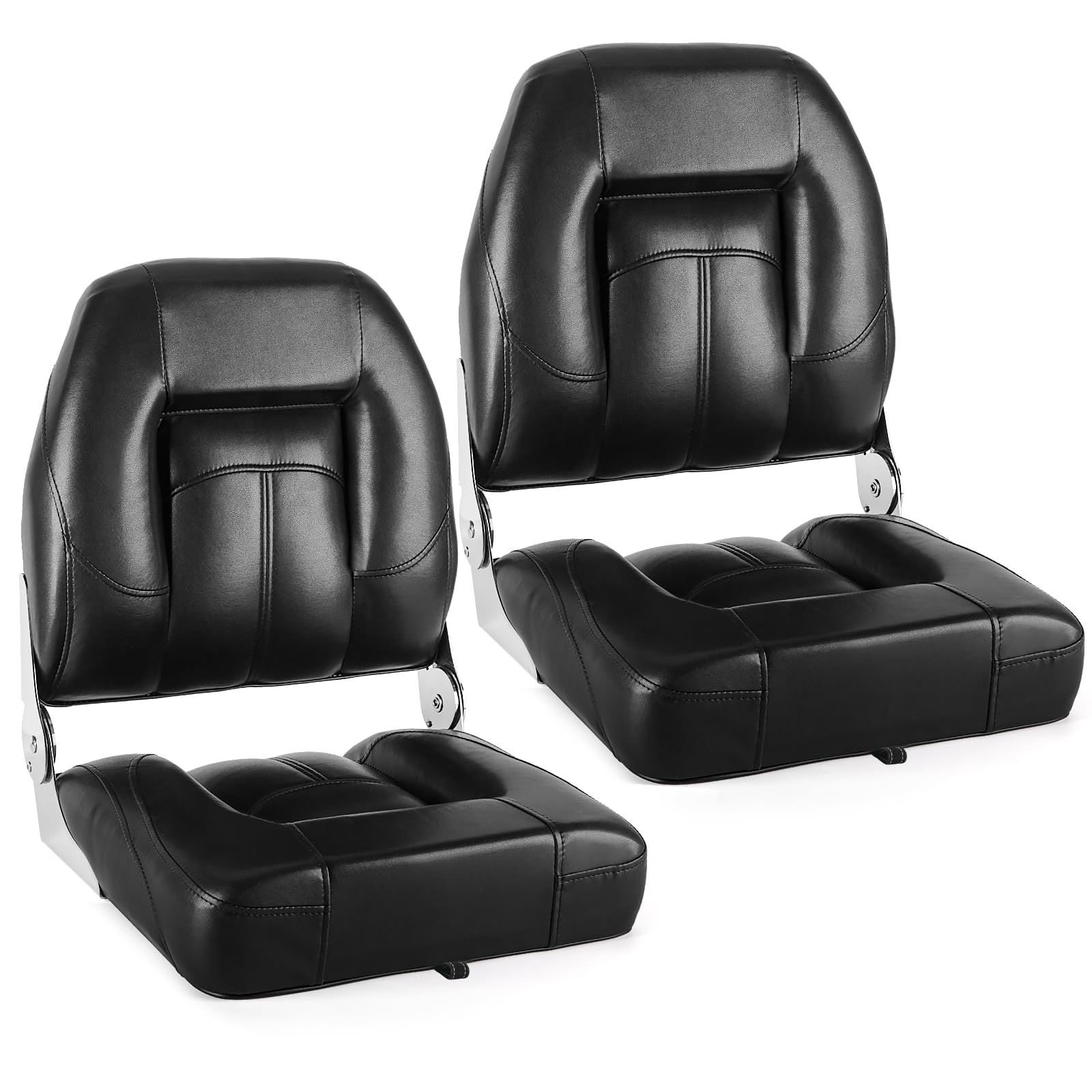 2 Pack Low Back Folding Boat Seats - Waterproof Microfiber Leather Fishing Chairs with Stainless Steel Hinges & Screws (Black) - Perfect for Fishing Boats, Yachts, and Marine Use