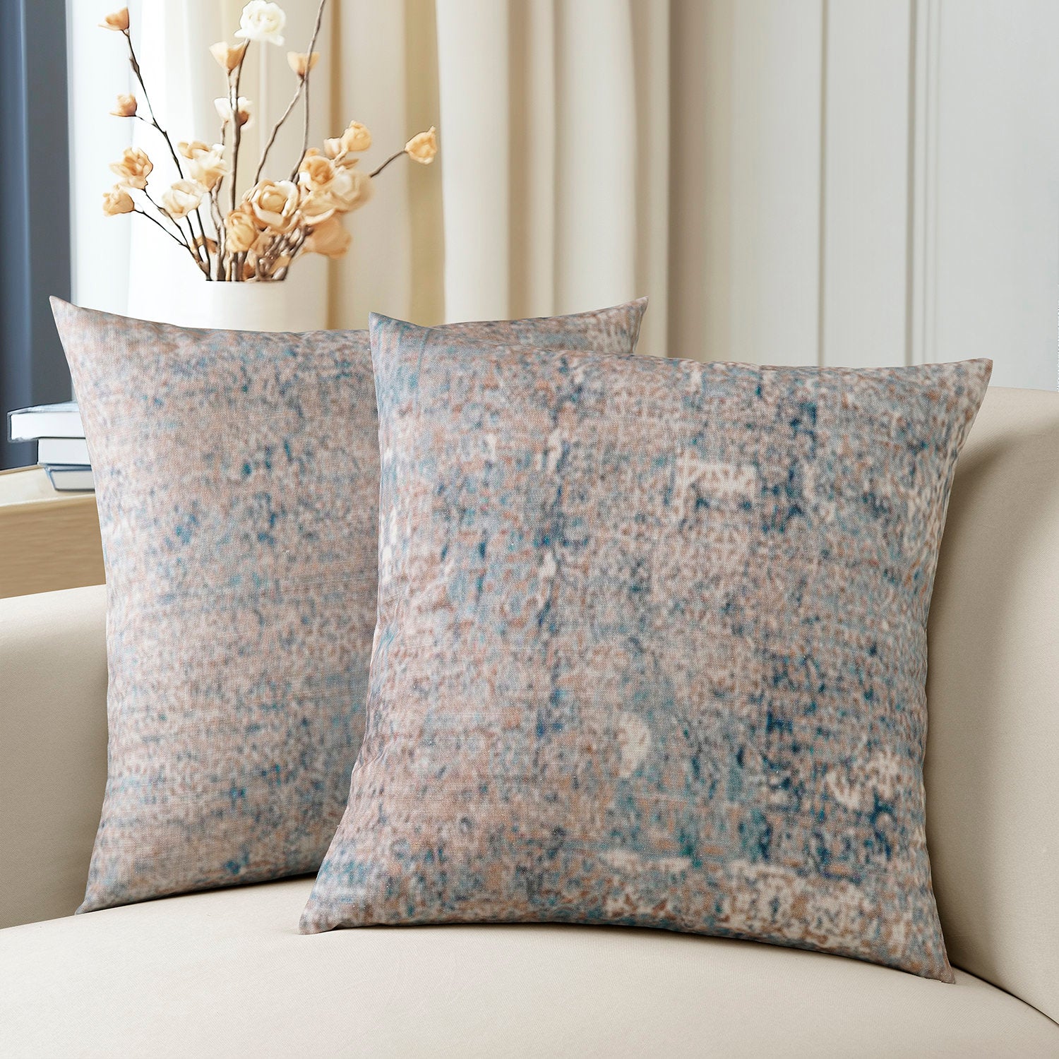 Sandbanks Blue Abstract Textured Printed Cotton Cushion Covers (Set of 2) - Modern Home Decor for Sofa, Bed & Living Room