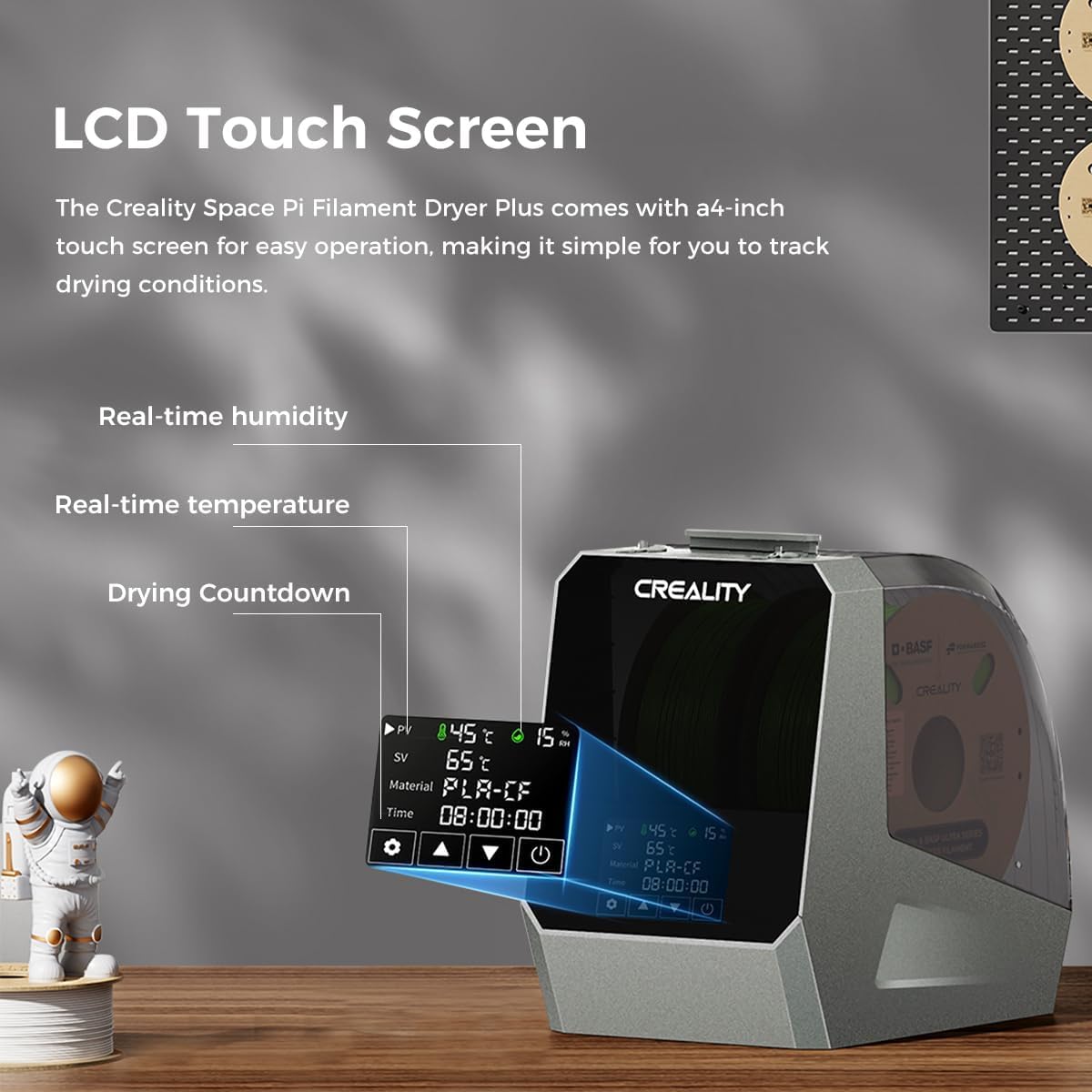 2025 Official CREALITY Space Pi Filament Dryer Plus - 160W PTC Fast Heating 3D Printer Filament Dryer Box with 2 Spools, 360° Rotation & 4'' LCD Touch Screen - One-Key Set Dehydrator for PLA PETG ABS TPU Filament - Perfect for Home, Office & Professional 3D Printing Studios