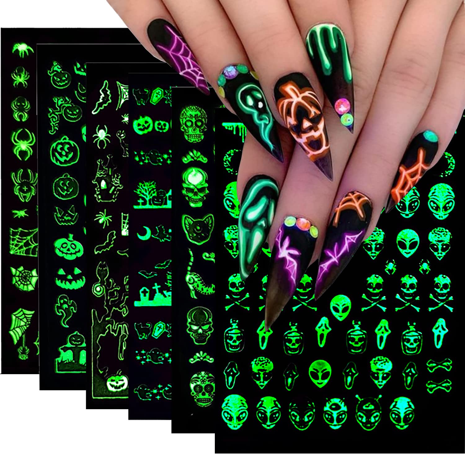 3D Halloween Nail Art Stickers - Scary Ghost & Skull Nail Decals for Women & Girls (6Pcs) | Glow in The Dark Self-Adhesive Nail Supplies | Perfect for Day of The Dead, Fall Parties & Spooky Nail Designs