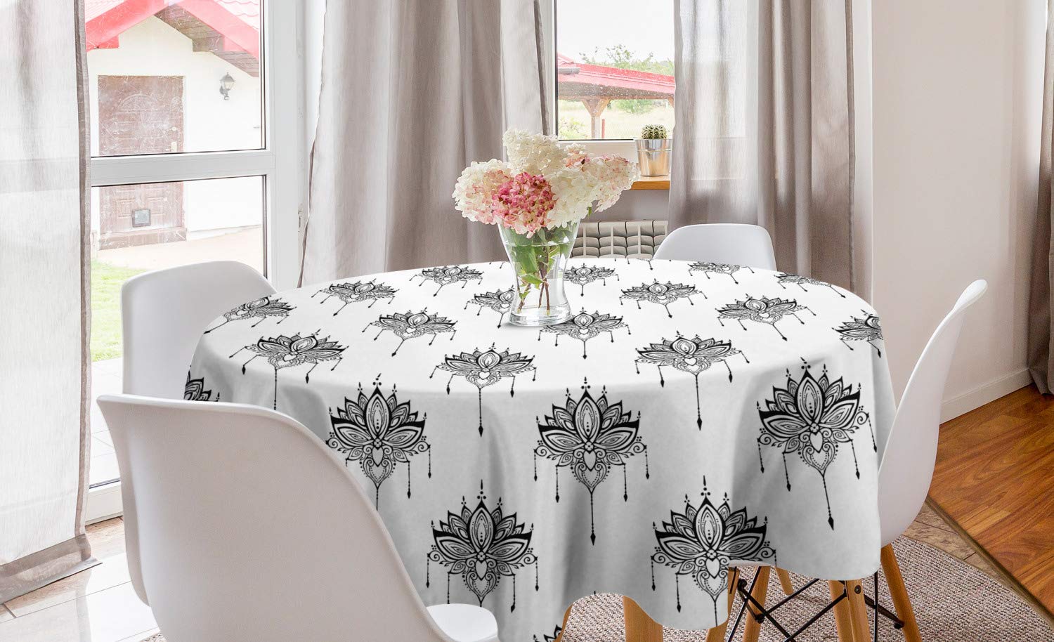 Ambesonne Bohemian Floral Round Tablecloth - Hand-Drawn Monochrome Lotus Design, 60 Inch Circle Table Cover for Dining Room & Kitchen Decor in Charcoal Grey & White | Perfect for Boho Home Decor, Dinner Parties & Indoor Gatherings