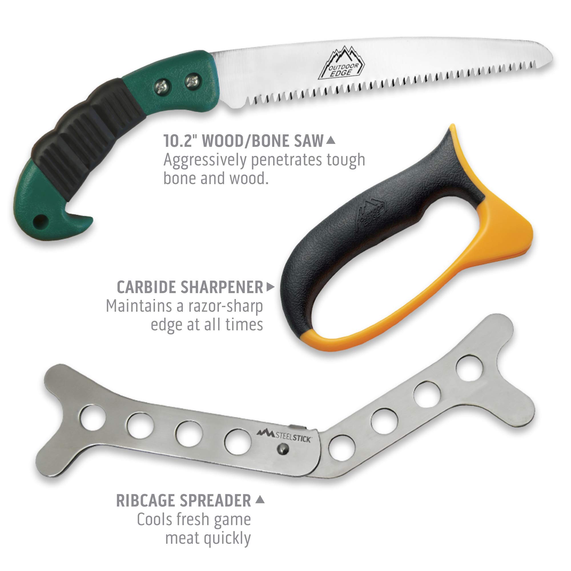 Outdoor Edge Game Processor 12-Piece Hunting Knife Set - Caping & Boning Knives, Skinning Knife, Bone Saw, Game Shears, Sharpener & Rib Spreader in Hard Case | Premium Butcher Knife Kit for Deer, Elk & Wild Game Processing | Perfect for Hunting, Field Dressing & Meat Preparation