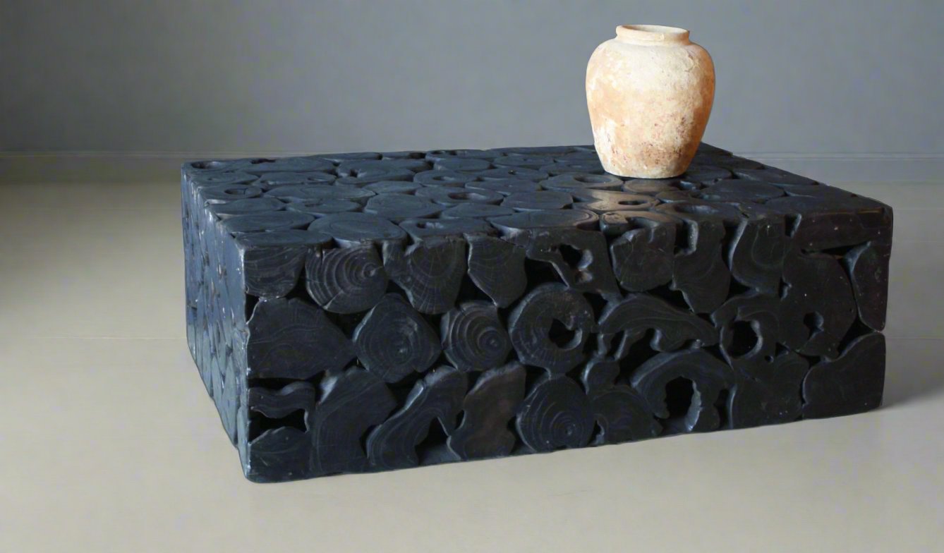 Handcrafted Ebonized Teak Wood Coffee Table - Modern Rustic Living Room Furniture for Home Decor & Small Space