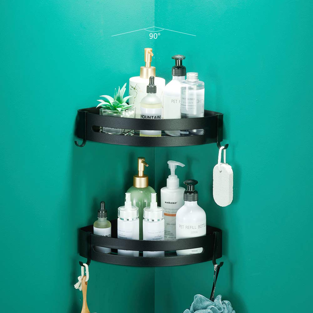 ERRICHMO 2-Pack Rustproof Aluminum Shower Corner Caddy - Self-Adhesive or Wall Mount Bathroom Shelf with 4 Removable Hooks (Black) - Perfect for Small Bathrooms, Apartments & Dorm Organization