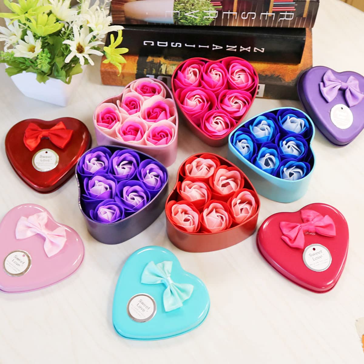 6-Piece Rose Flower Heart Shaped Scented Soap Set in Decorative Tin Box - Hand Wash, Bathing, Wedding Party Favors & Home Decor (Red Mix) - Perfect for Romantic Gifts, Bridal Showers & Luxury Bathroom Essentials