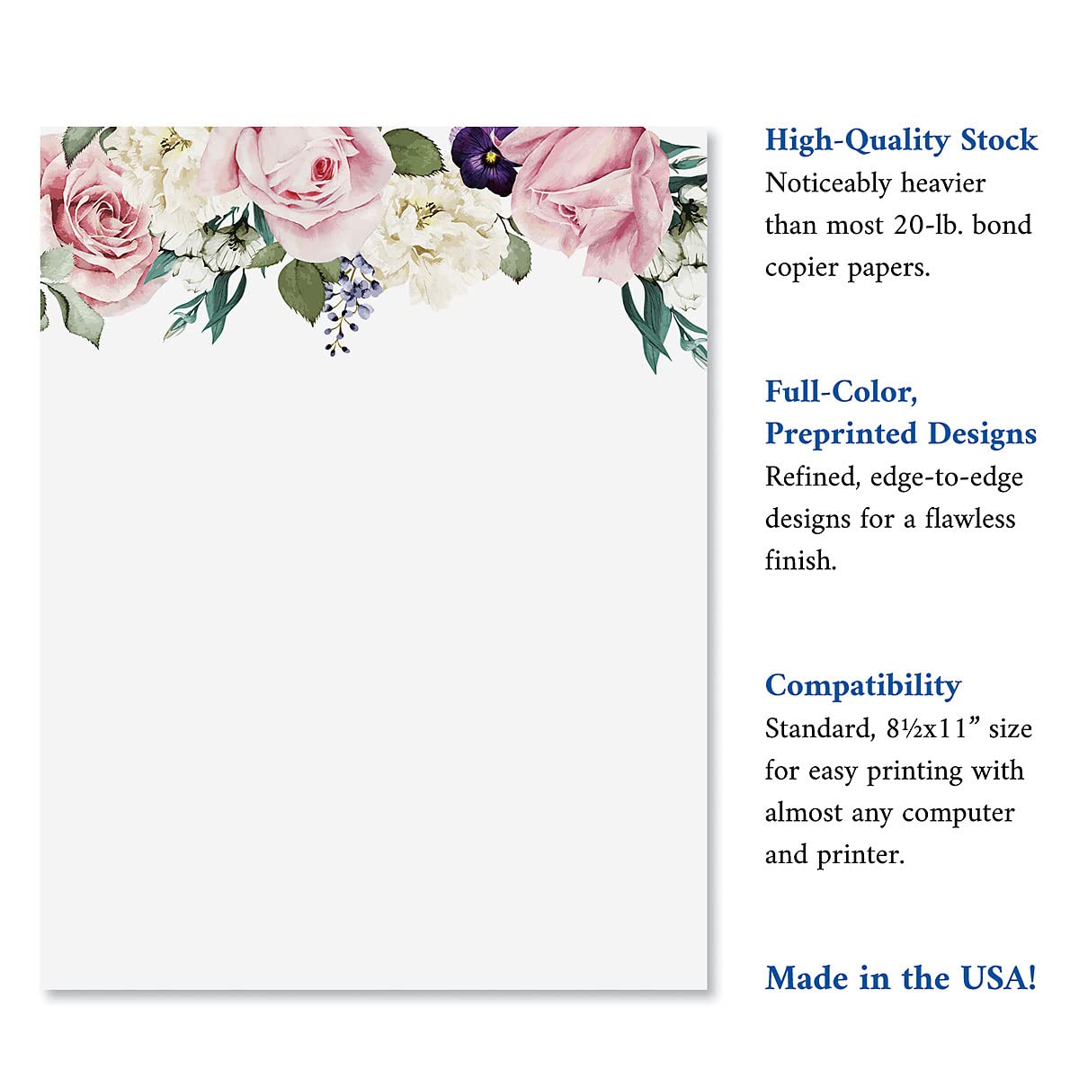 Victorian Rose Floral Letter Paper - Elegant Spring Stationery with Decorative Rose Border, Printable for Holidays, Weddings & Bridal Showers, Invitation Sheets, 8.5
