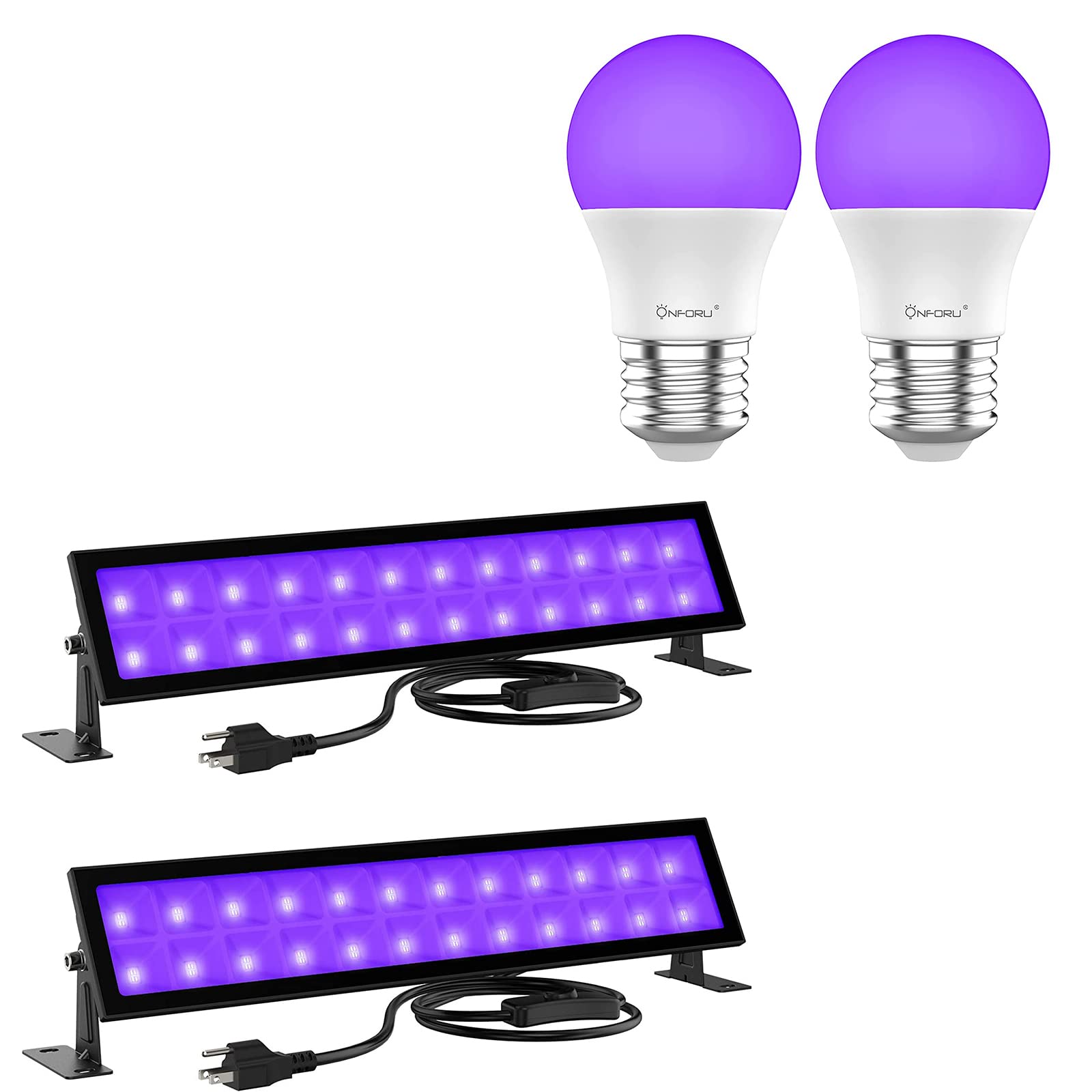 Onforu 2 Pack 9W LED Black Light Bulbs & 48W Black Light Bar with Plug & Switch - UV Blacklight for Glow Party, Body Paint, Fluorescent Posters, Birthday Decor - Perfect for Halloween, Neon Parties & Home Disco Lighting