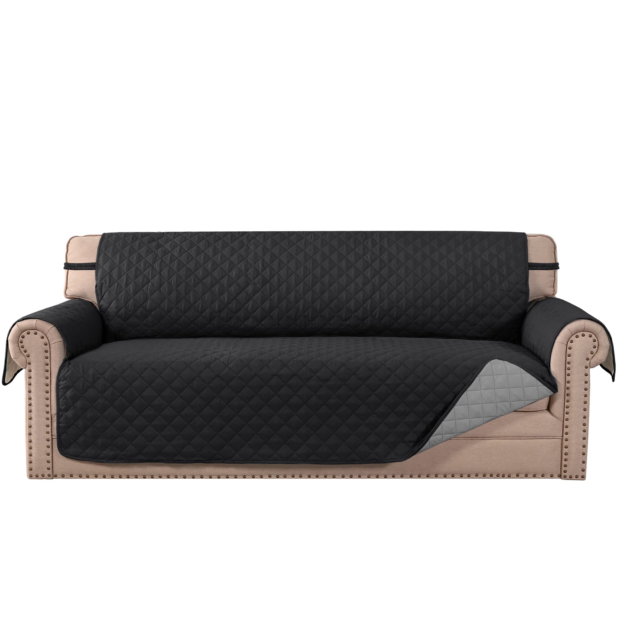 Reversible Quilted Sofa Slipcover - Water Resistant Furniture Protector with Elastic Straps for Pets & Kids (Oversized Sofa, Black/Grey) - Perfect for Pet Owners, Families & Home Decor Refresh | MeilleMaison