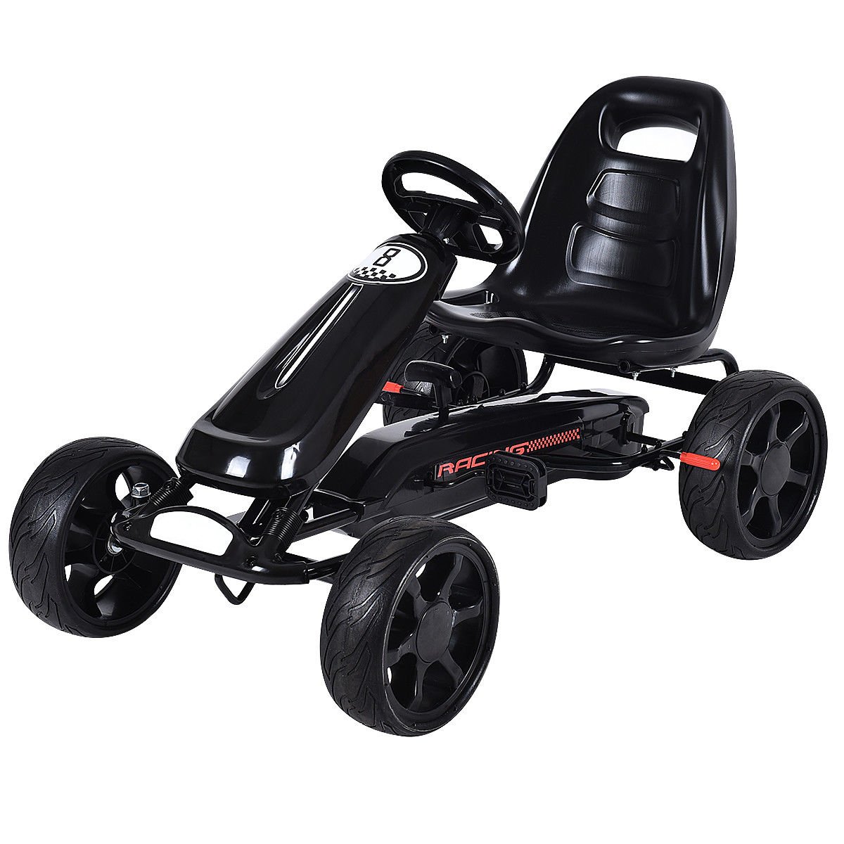 Costzon 4-Wheel Kids Go Kart - Adjustable Seat Pedal Car with Clutch & Brake for Ages 3-8 | EVA Rubber Wheels Ride-On Toy | Outdoor Backyard Play, Birthday Gifts for Boys & Girls (Black)