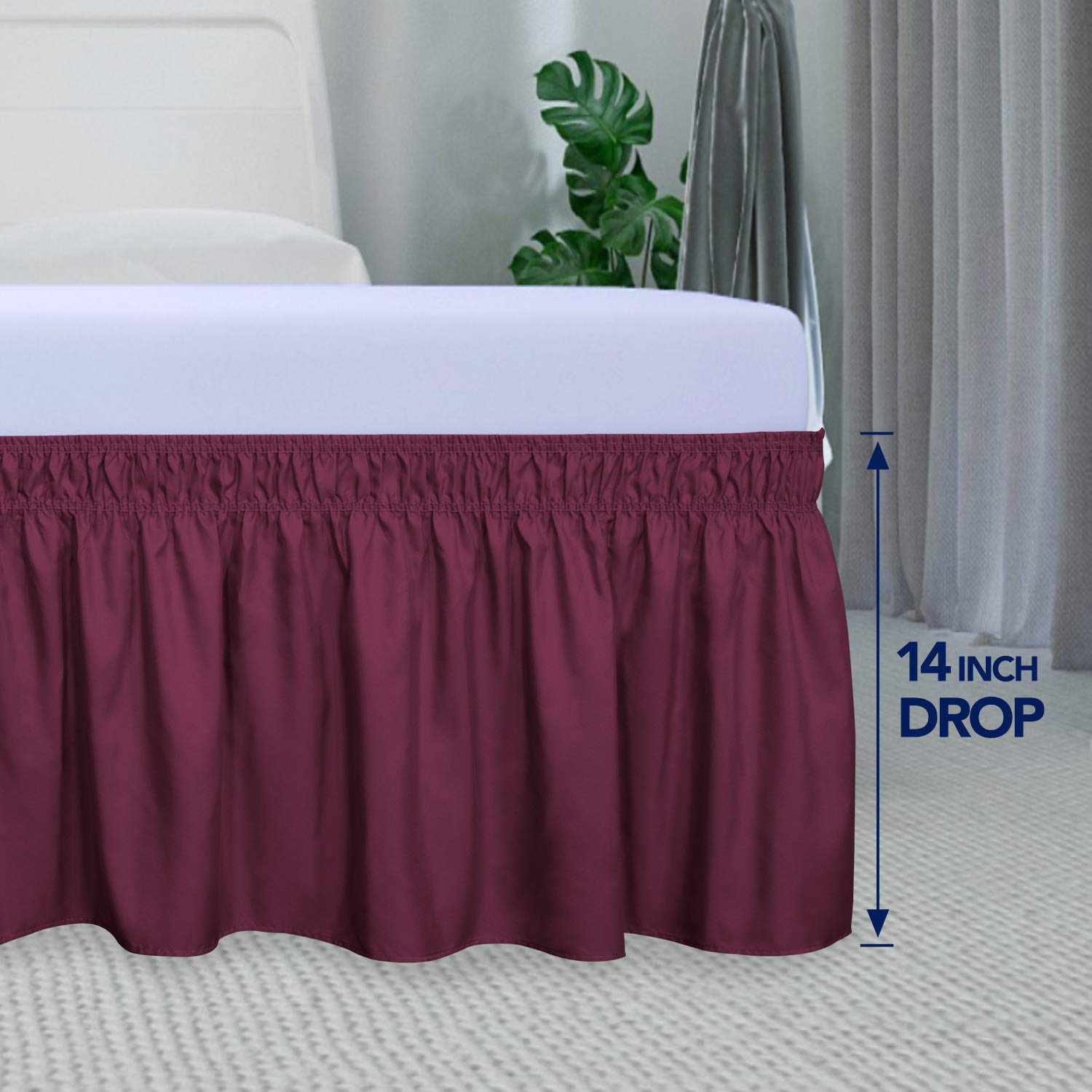 PureFit Wrap Around Ruffled Bed Skirt with Adjustable Elastic Belt - 14 Inch Drop Easy to Install Wrinkle-Free Dust Ruffle for Queen, King & California King Beds (Wine Red) - Perfect for Bedroom Makeover, Hotel Style Decor & Protecting Mattress Foundation