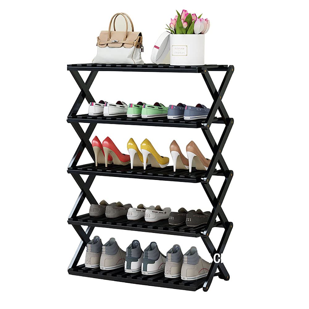 Foldable Bamboo Shoe Rack - Black Space Saving Shoe Organizer for Entryway, No Installation Required (70x25x91cm/28x10x36in) - Perfect for Small Apartments, Closets & Mudroom Storage