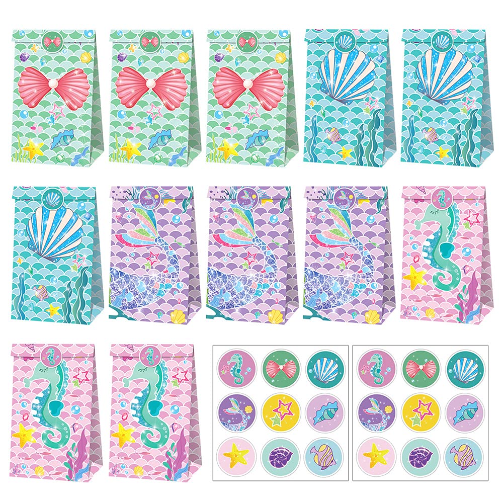 Abaodam 12-Pack Mermaid Themed Gift Bags - Creative Party Favor Treat Bags for Birthday, Baby Shower & Wedding - Premium Kraft Paper Wrapping Bags for Candy, Gifts & Small Items