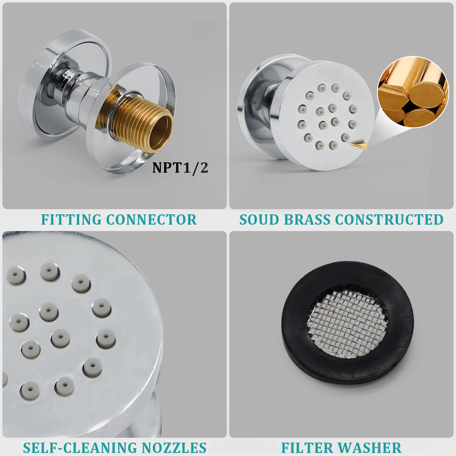 Homedec® 6-Pack Brass Round Body Spray Jets for Concealed Shower - High Pressure Massage Nozzles for Spa, Bathroom, and Luxury Shower Systems - Perfect for Home Relaxation and Hydrotherapy
