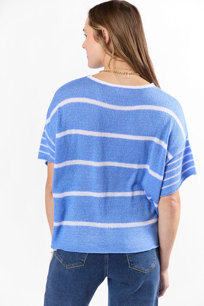 Blue and Ivory Striped Sweater T-Shirt for Women - Soft Cotton Casual Wear | Perfect for Layering, Office Outfits & Weekend Brunch