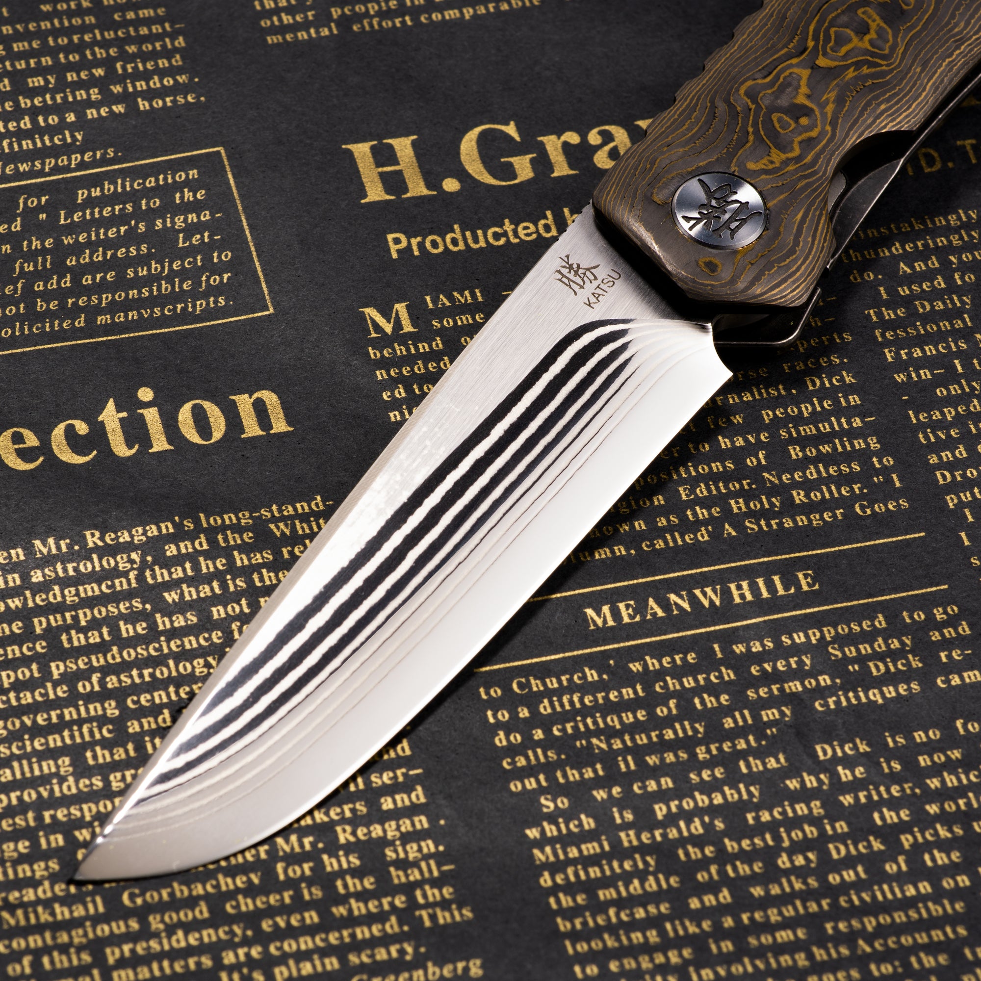 KATSU ZK04 Folding Pocket Knife - 17 Layers ZDP-189 Super Steel Convex Blade, Carbon Fiber & Titanium Alloy Handle with Frame Lock, Includes Wooden Gift Box | EDC, Camping, Hunting & Outdoor Survival Tool