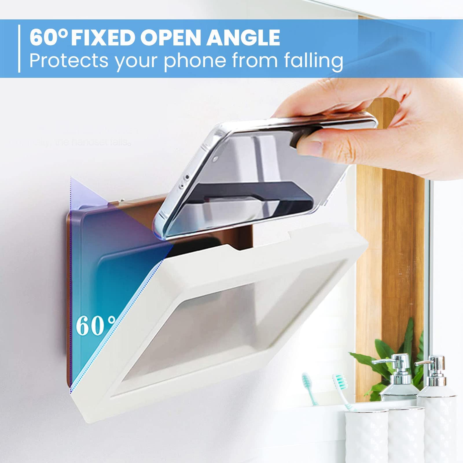 Waterproof Phone Holder Wall Mount - Universal Bathroom & Shower Phone Stand with Strong Adhesive, White - Perfect for Hands-Free Use in Bathroom, Kitchen, or Car