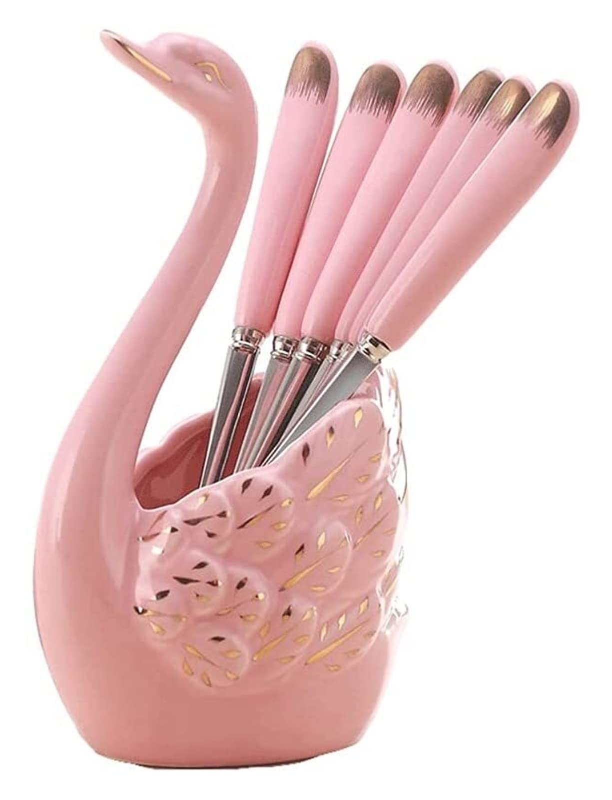 Premium Stainless Steel Teaspoon & Fruit Fork Set - Elegant Ceramic Cygnus Design for Coffee, Dessert, Salad - 6-Piece Pink Swan Silverware Set for Home Dining & Party Entertaining