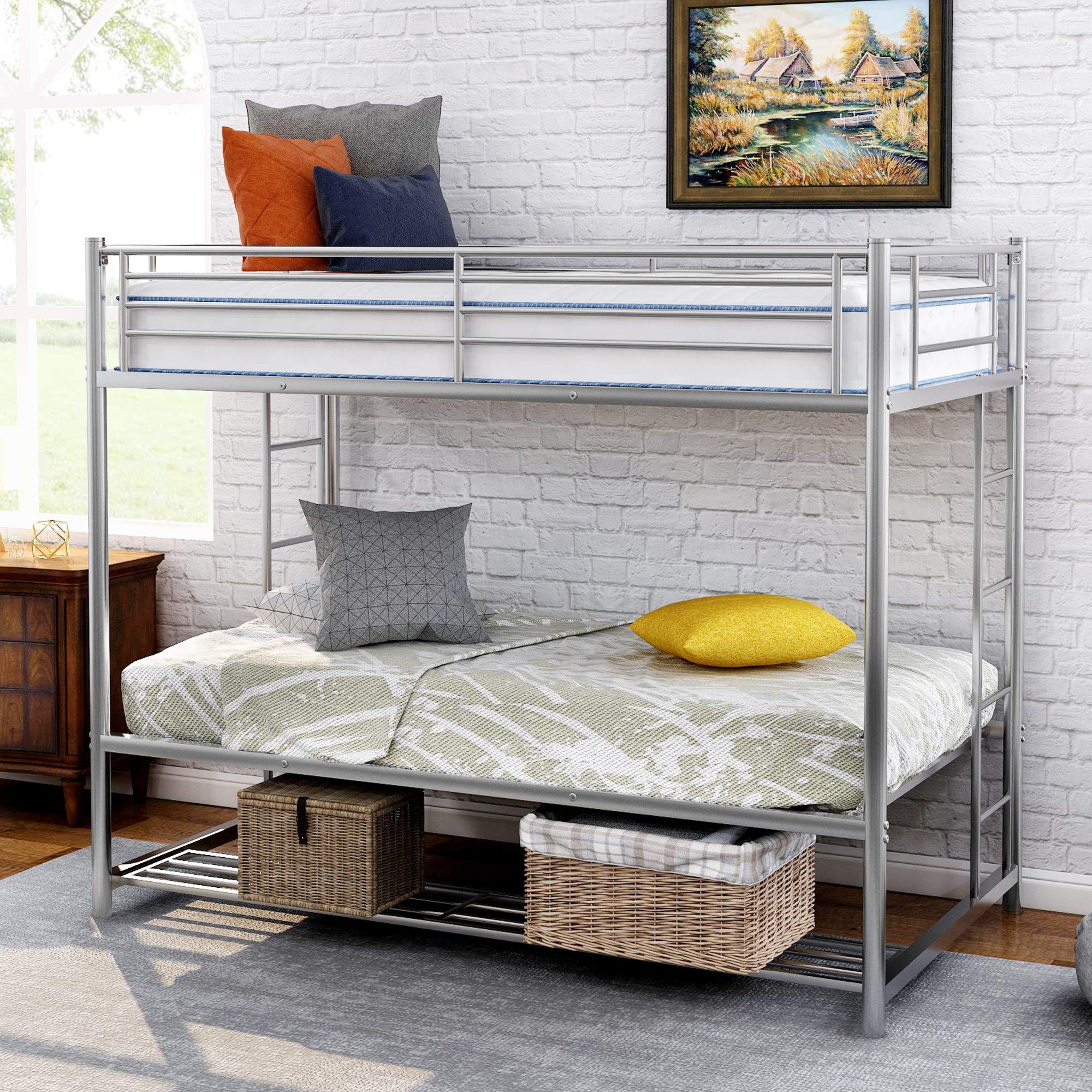 P PURLOVE Twin Over Twin Metal Bunk Bed with Storage, Ladder & Safety Rail - Space-Saving Bunk Bed for Teens & Adults, No Box Spring Needed (Silver) - Perfect for Small Bedrooms, Dorms & Guest Rooms