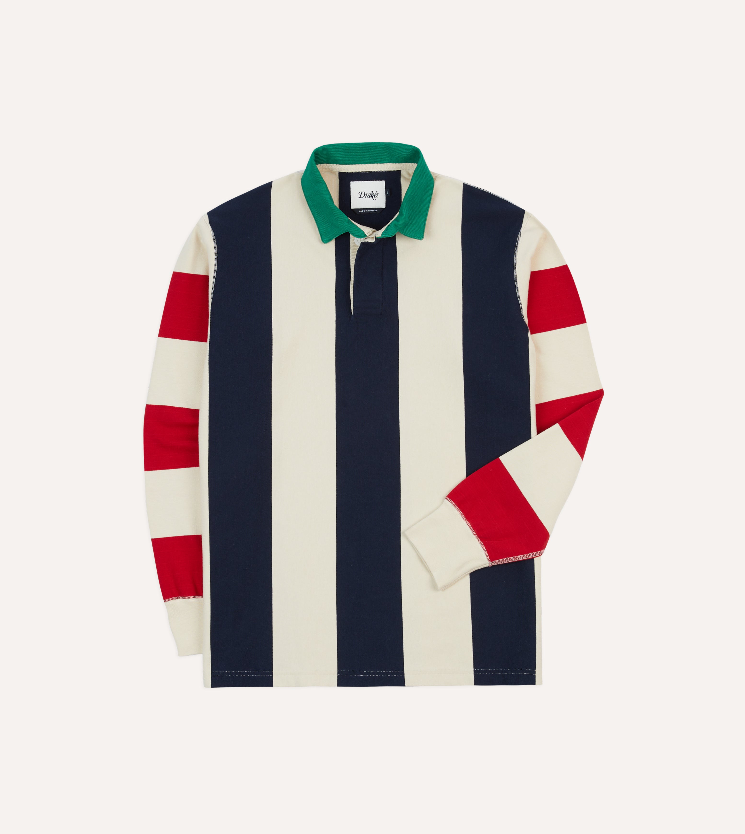 Navy, Red & Ecru Striped Cotton Rugby Shirt for Men - Classic Vertical Block Stripe Design - Perfect for Casual Wear, Sports & Outdoor Activities