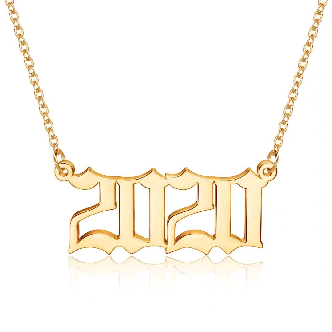 18K Gold Plated Old English Birth Year Necklace for Women - Personalized Jewelry Gift for Birthday, Anniversary (1970-2021) | Perfect for Special Occasions, Mother's Day & Graduation Gifts