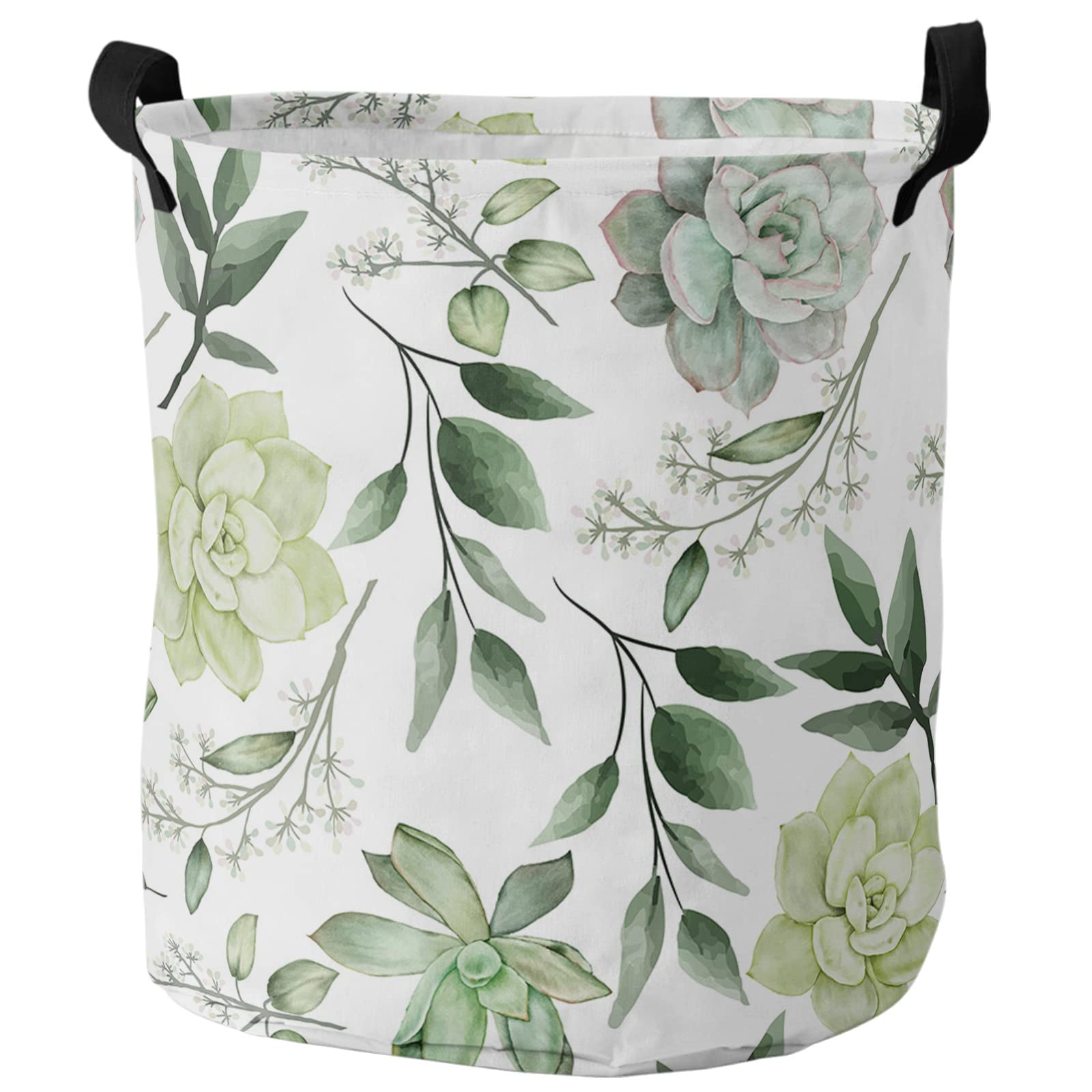 Collapsible Waterproof Laundry Hamper with Handle - Watercolor Tropical Succulents & Green Leaf Design - Durable Dirty Clothes Basket & Storage Bag for Bathroom, Bedroom, Dorm - Perfect for Laundry Organization & Home Decor (White)