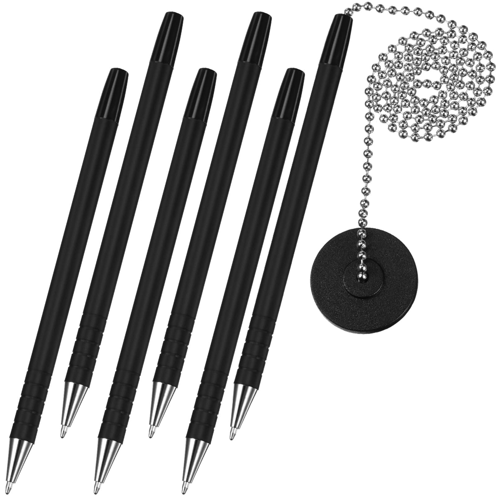Outus 6-Pack Security Pens with Clipboards & Chains - Anti-Theft Reception Counter Pens with Base Holder & Adhesive, Black Ink - Perfect for Office, Bank, Hotel & Retail Use