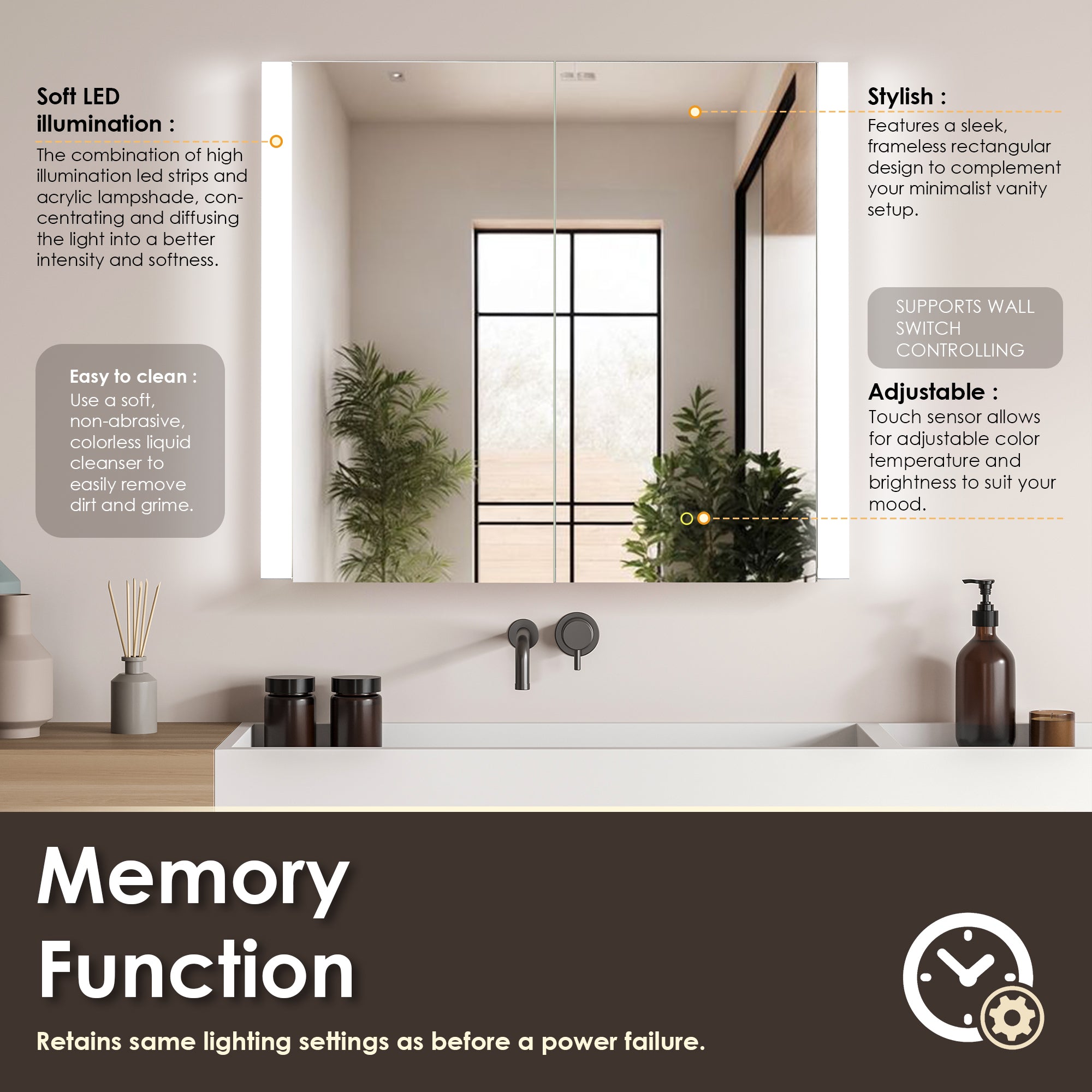 Frameless LED Bathroom Mirror - Surface Mount Aluminum Medicine Cabinet with Rectangular Design for Modern Vanity & Makeup Area