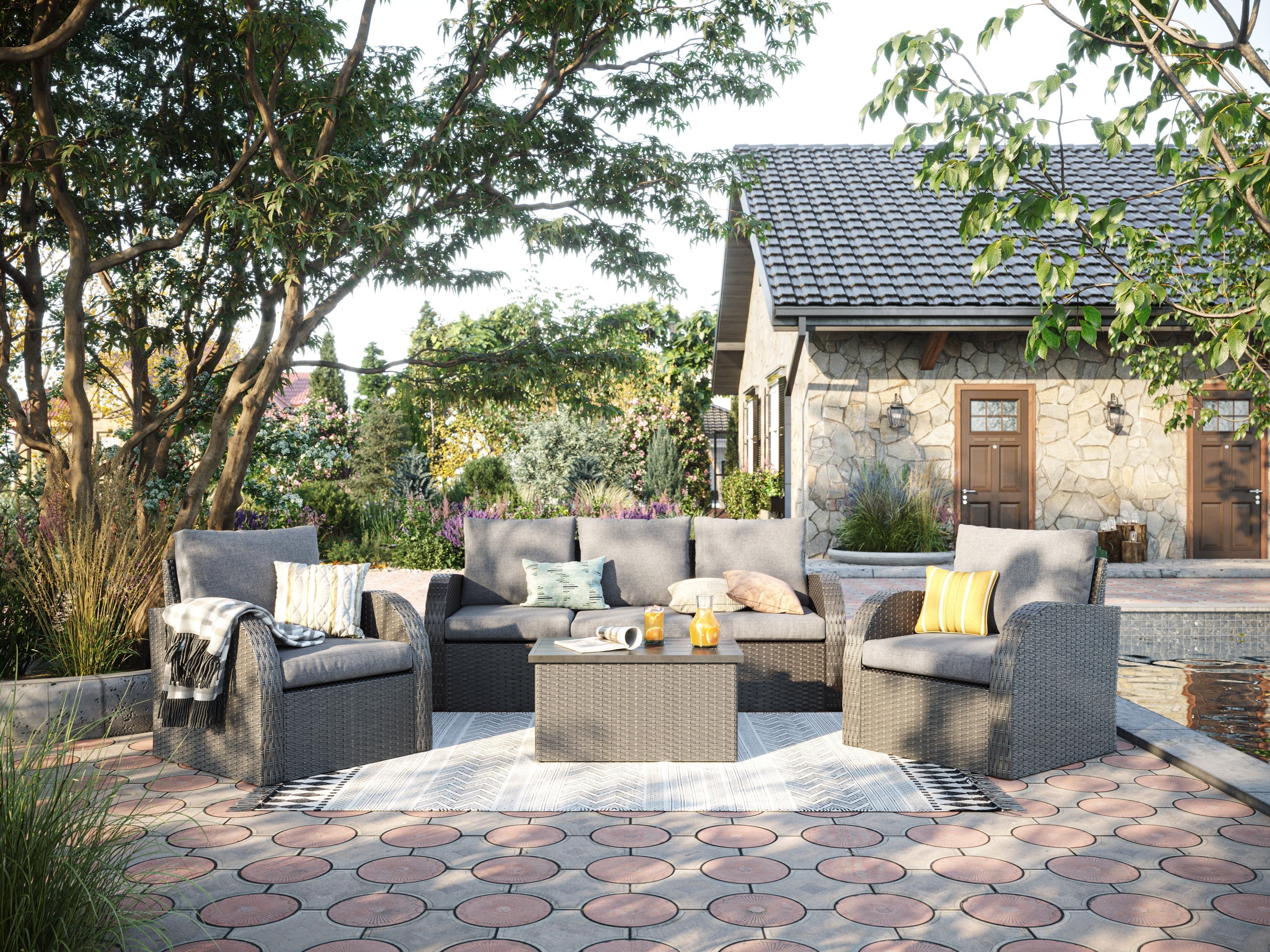 Grey Outdoor Sectional Left Arm Chair - Waterproof Patio Furniture for Backyard, Garden, Poolside - Comfortable & Durable Lounge Seating