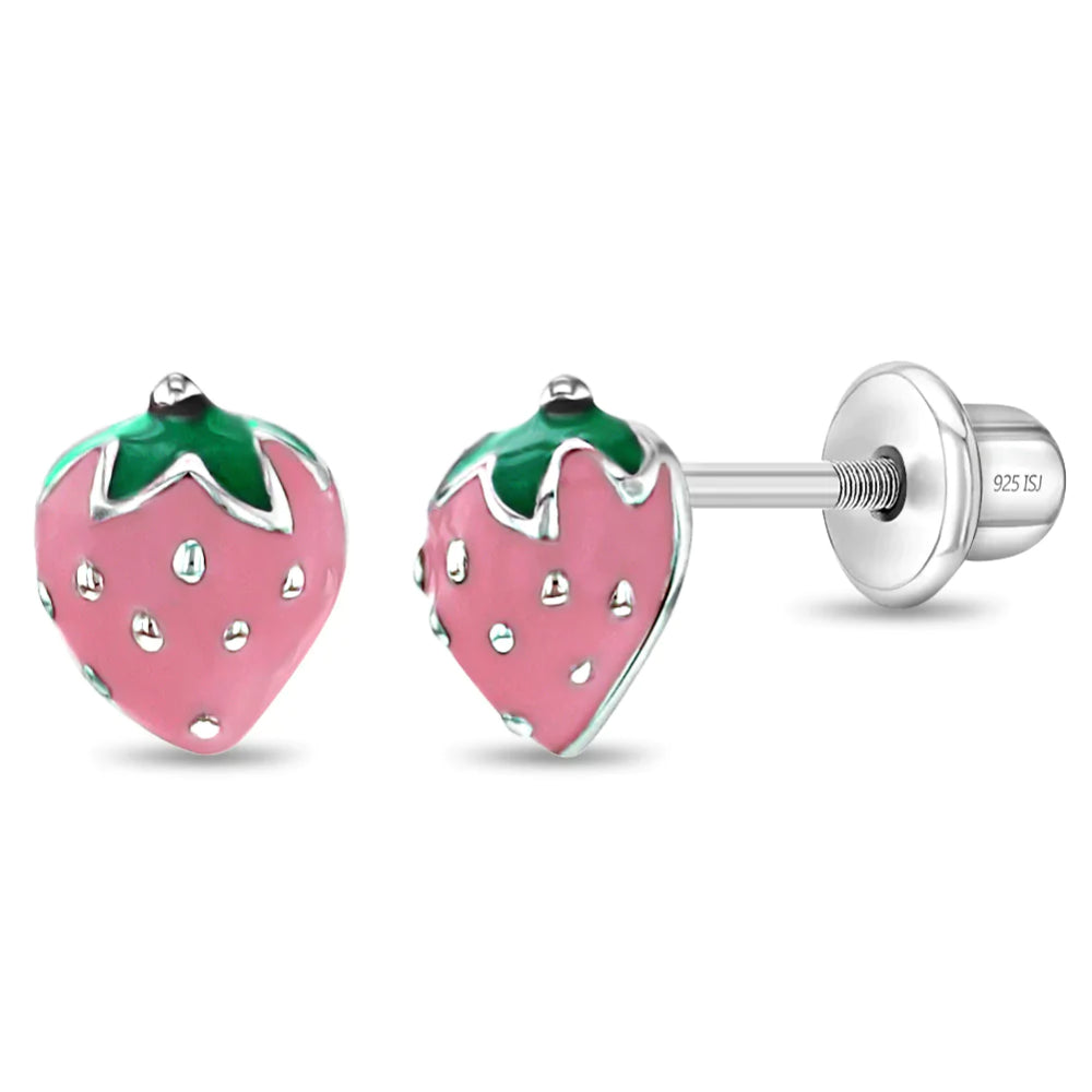 Pink Strawberry Stud Earrings for Kids - Sterling Silver Enamel Jewelry - Perfect for Birthdays, Gifts & Everyday Wear
