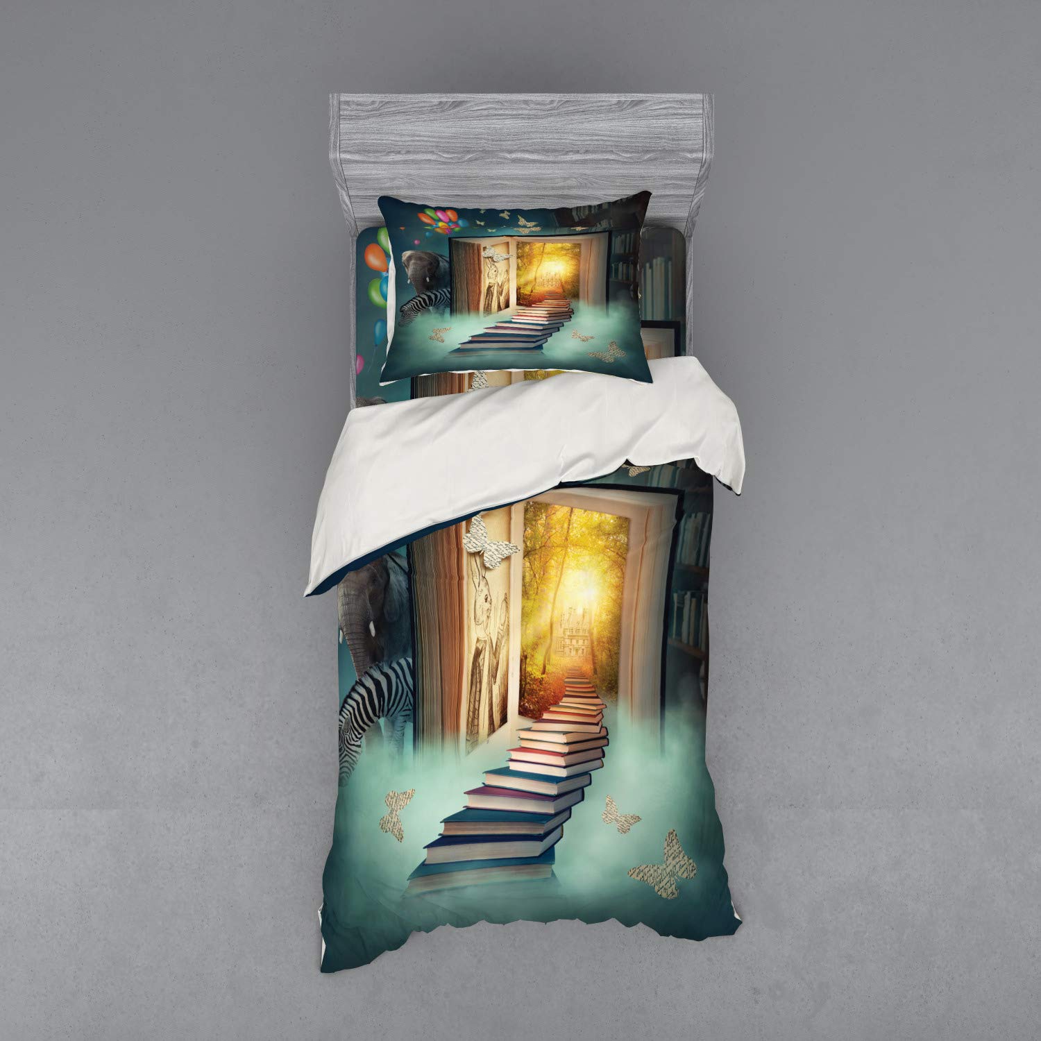 Ambesonne Fantasy Duvet Cover Set - Magic Book Forest with Balloon Zebra Elephant & Butterflies | 3-Piece Twin Size Bedding Set with Sham & Fitted Sheet in Teal & Yellow | Perfect for Kids' Rooms, Fantasy Themed Bedrooms & Whimsical Decor
