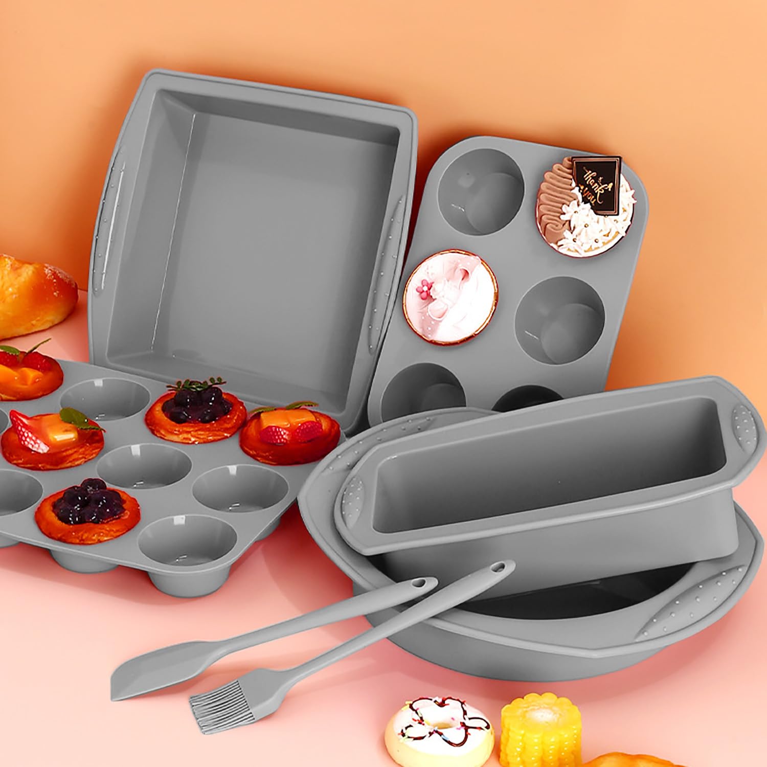 7-in-1 Non-Toxic Silicone Baking Set - BPA Free Round & Square Cake Pans, Loaf Pan, Muffin Tray for Oven - Perfect for Bread, Pizza, Cheesecake, Cupcakes & Desserts - Ideal for Home Baking, Parties & Holiday Cooking