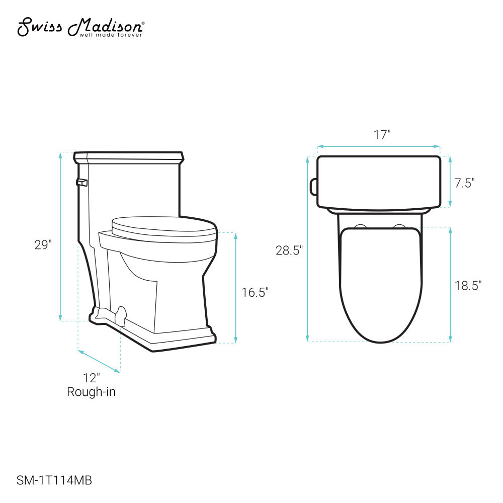 Voltaire One Piece Elongated Toilet Left Side Flush Handle 1.28 GPF - Matte Black Finish for Modern Bathrooms | Perfect for Small Spaces & Water Conservation
