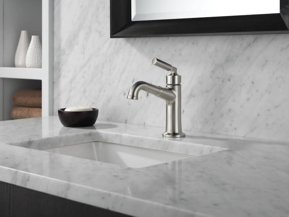 Delta 548LF-SSMPU Stainless Steel Single Hole Bathroom Sink Faucet - Modern Water-Saving Design for Vanity, Powder Room & Guest Bath Installation