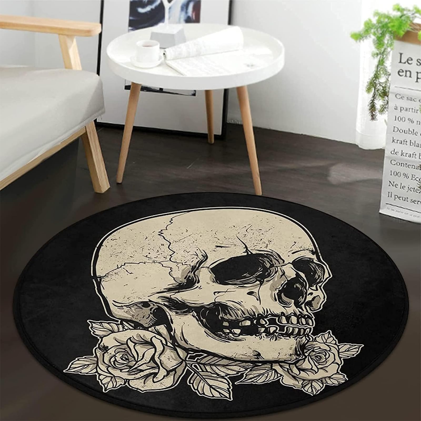 Keepcute 6ft Round Skull Rose Flower Area Rug - Non-Slip Washable Black Round Carpet for Kitchen, Bedroom, Living Room | 6' x 6' Gothic Decor Floor Mat Perfect for Halloween, Dorm Room & Boho Style Home Decor
