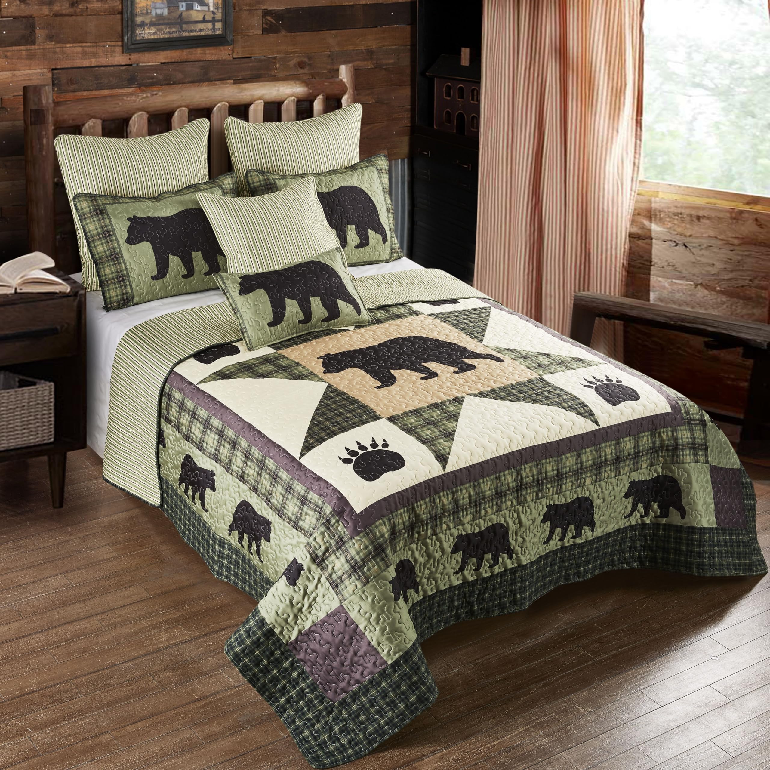 Virah Bella 3-Piece King Lodge Quilt Bedding Set - Bear Star Design - Rustic Cabin Country Reversible Comforter Set with Decorative Pillow Shams, Green/White - Perfect for Camping, Cabin Retreats & Cozy Bedroom Decor