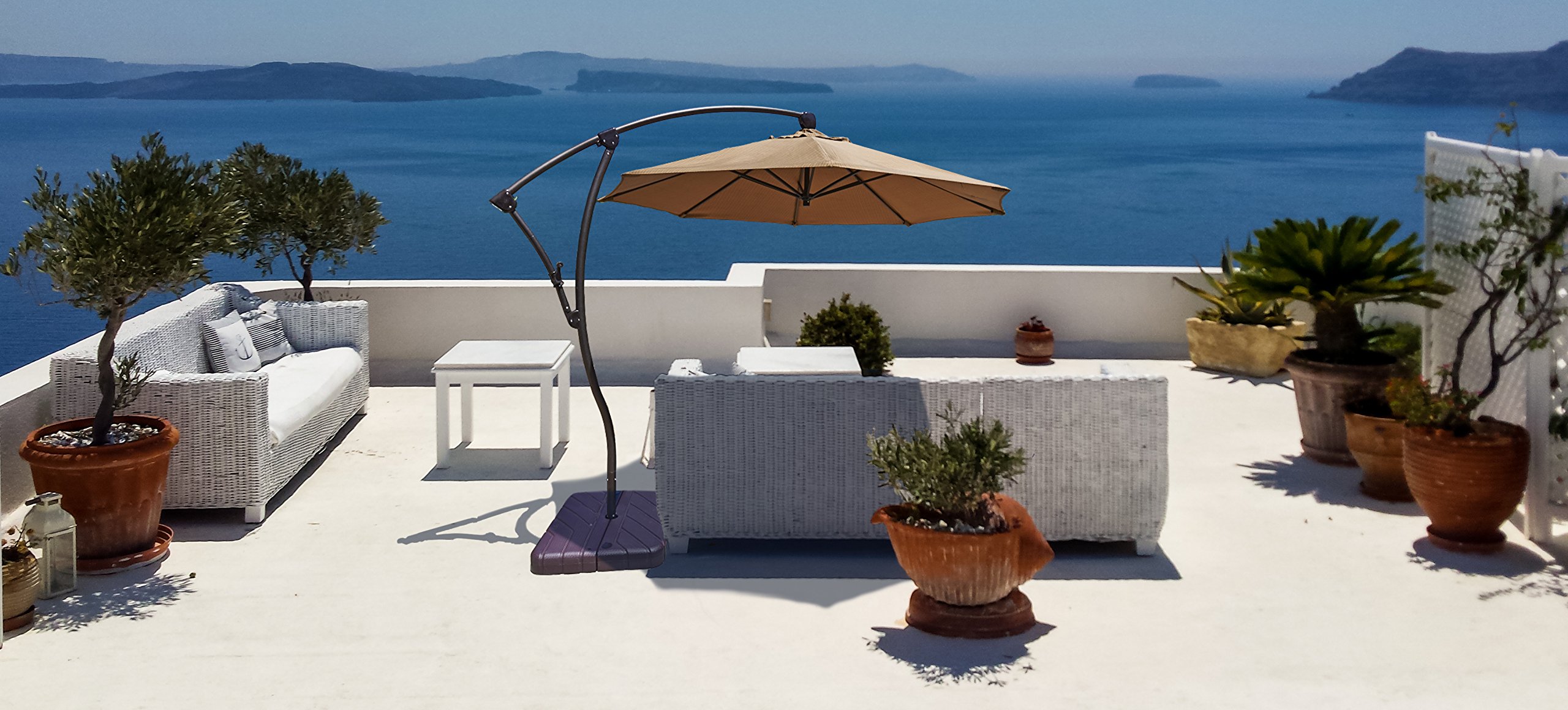 California Umbrella 9' Round Aluminum Cantilever Umbrella with Crank Lift & 360° Rotation - Bronze Pole & Ginko Design - Perfect for Patio, Poolside, and Outdoor Dining Areas