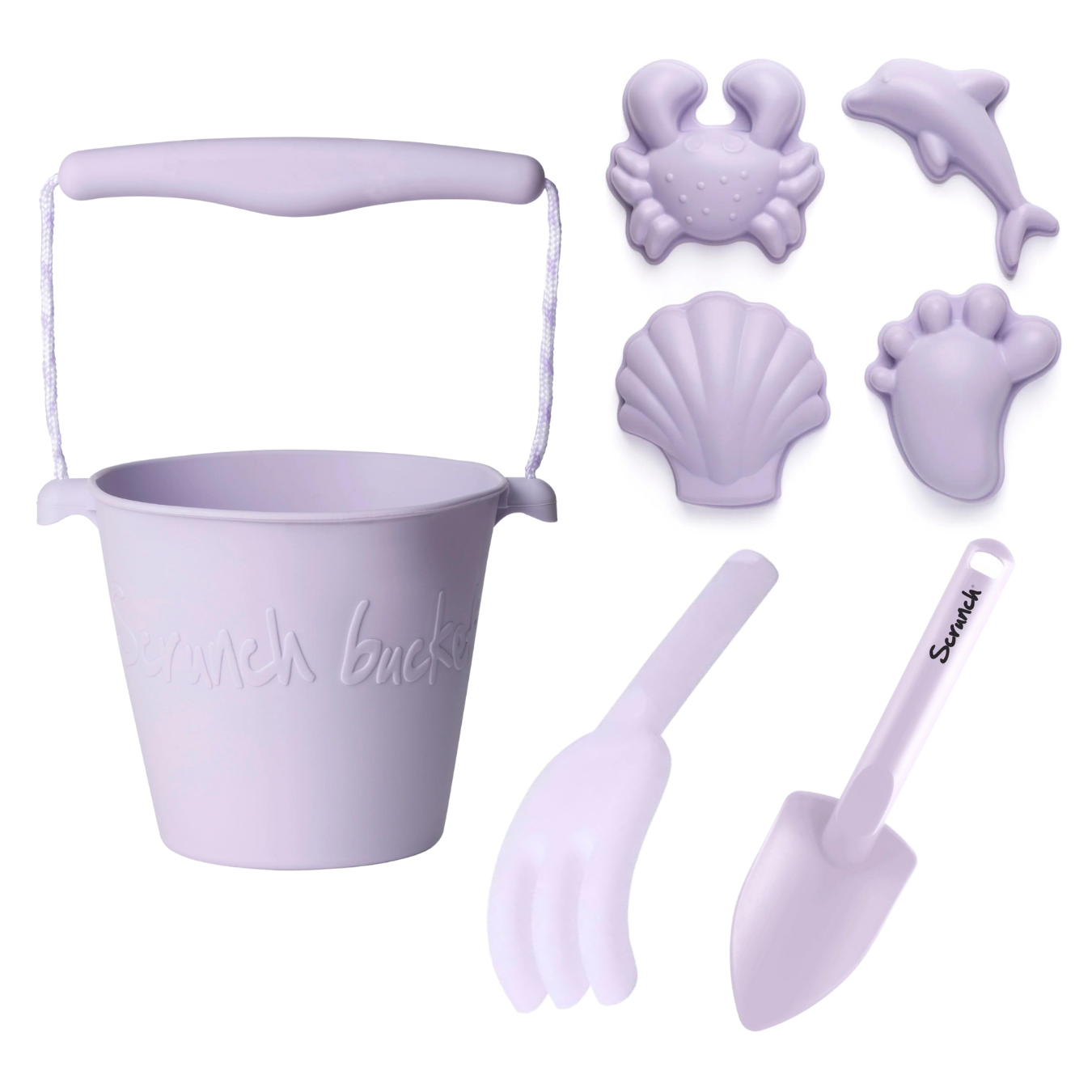 Lavender Scrunch Beach Bundle with Bucket, Spade, Rake & Sand Molds - Perfect for Kids Beach Toys, Sandcastle Building & Summer Vacation Fun