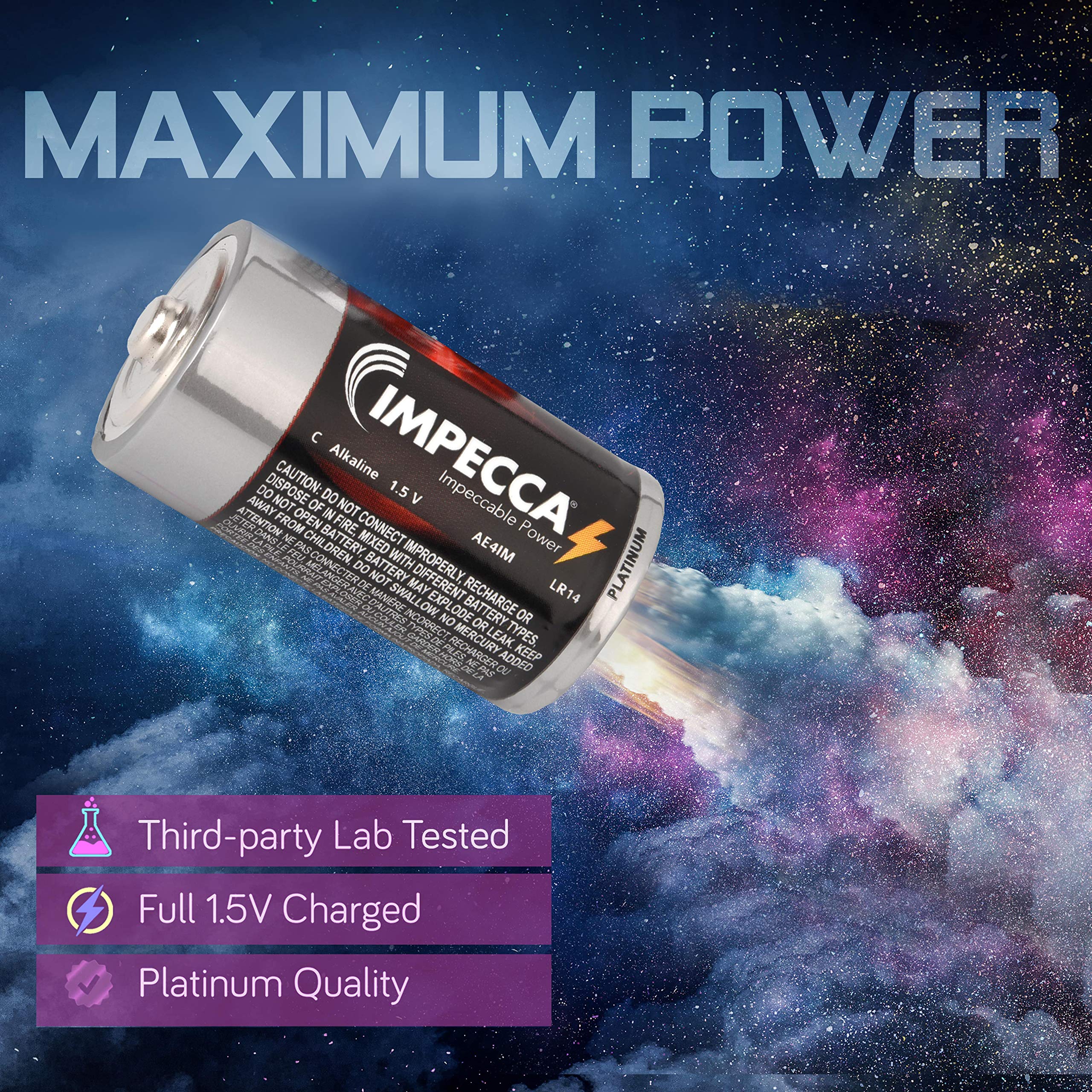 Impecca C Batteries 24-Pack - Premium Alkaline LR14 Batteries for High Performance, Long Lasting Power & Leak Protection | Ideal for Flashlights, Toys, Clocks & Home Electronics (Platinum Series)