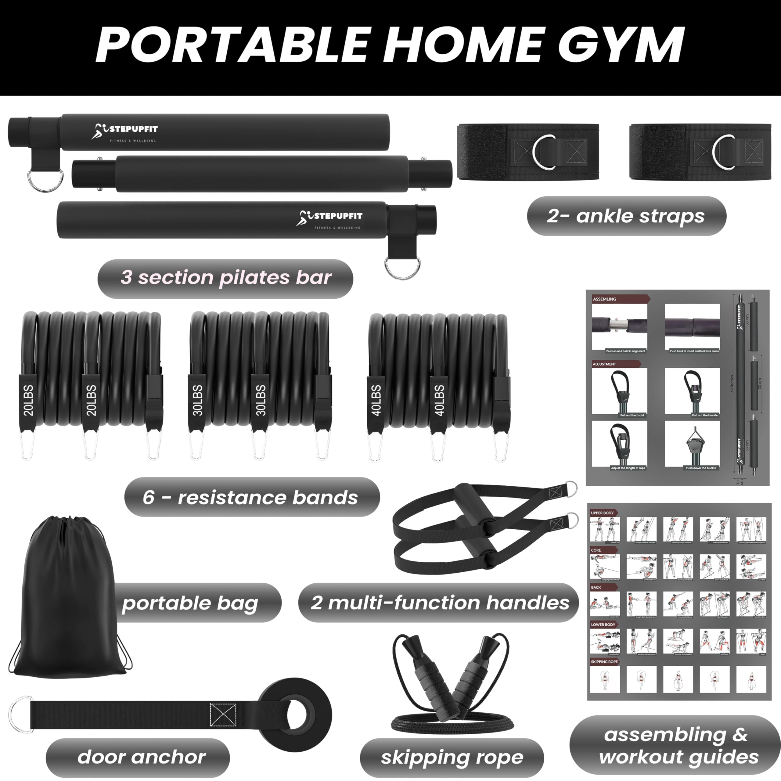 3-Section Yoga Pilates Bar Set with Resistance Bands & Jump Rope - Adjustable Home Gym Equipment for Full Body Workout - Perfect for Travel, Men & Women of All Heights - Ideal for Yoga, Pilates, Strength Training & Cardio Exercises