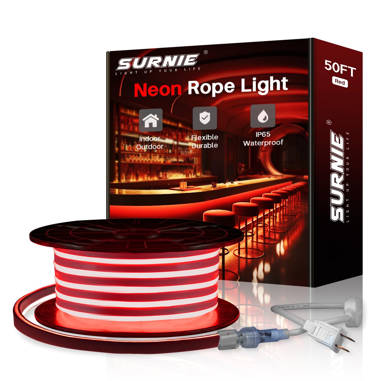 SURNIE 50ft Waterproof LED Strip Lights - Flexible Red Rope Lights for Indoor & Outdoor Use, 110V Cuttable & Connectable Neon Lights - Perfect for Room Decor, Festival Lighting, Commercial Buildings, and DIY Projects