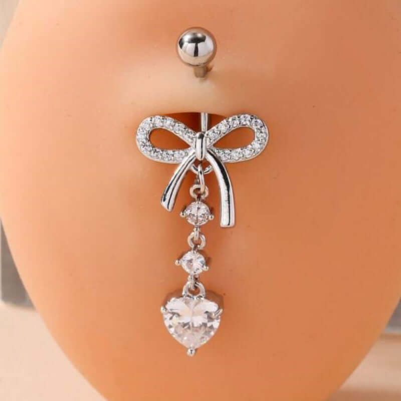 Rose Gold CZ Bow Dangle Belly Button Rings | Q0275 | Perfect for Piercing Jewelry, Belly Button Rings for Women, Trendy Body Jewelry for Summer Outfits and Beach Wear