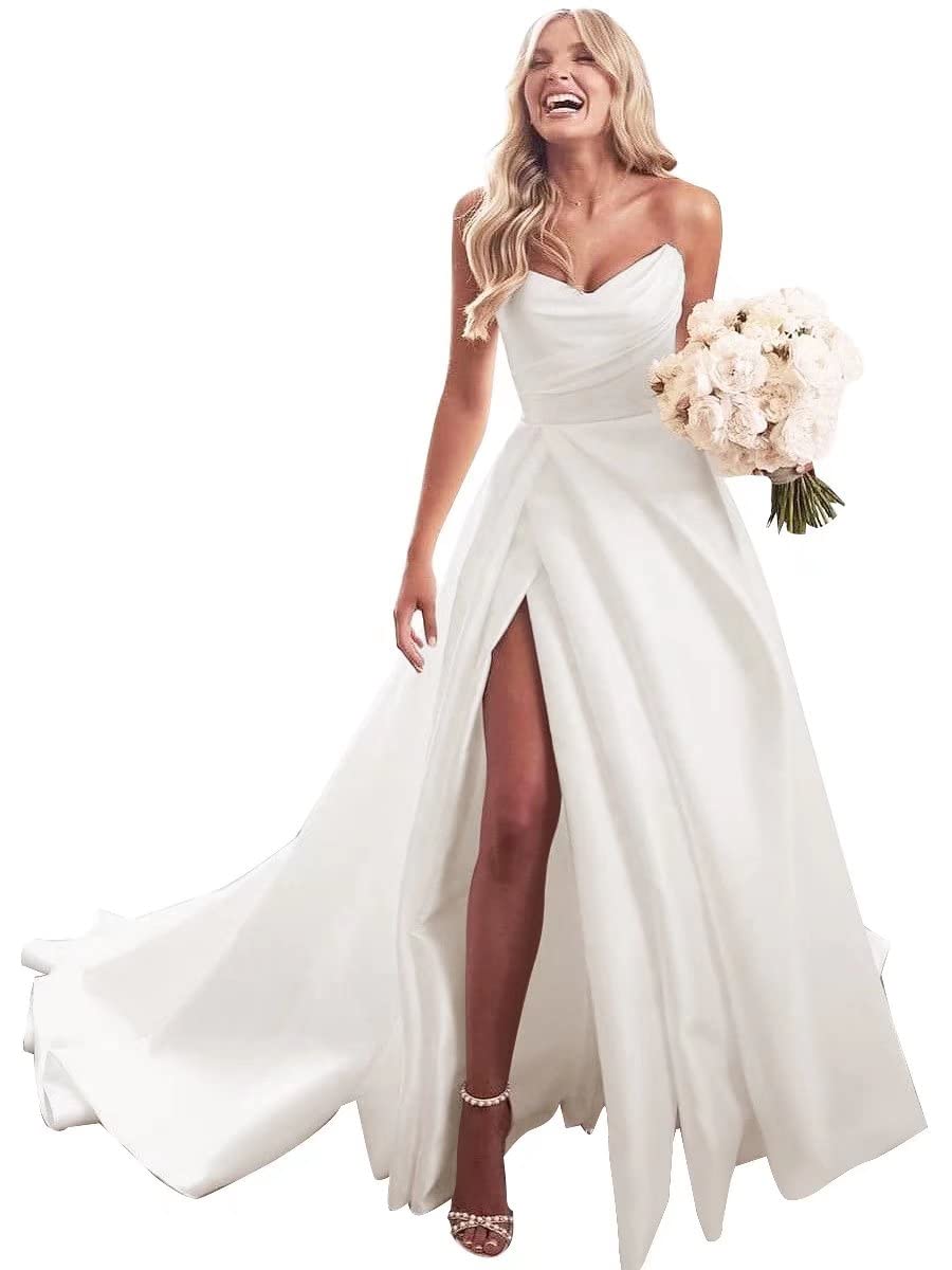 Elegant Strapless Satin Prom Dress for Women - Long Ruched Ball Gown Wedding Dress for Bride 2022 - Formal Evening Gown with High Slit - Perfect for Prom, Homecoming, Bridal Shower & Black Tie Events