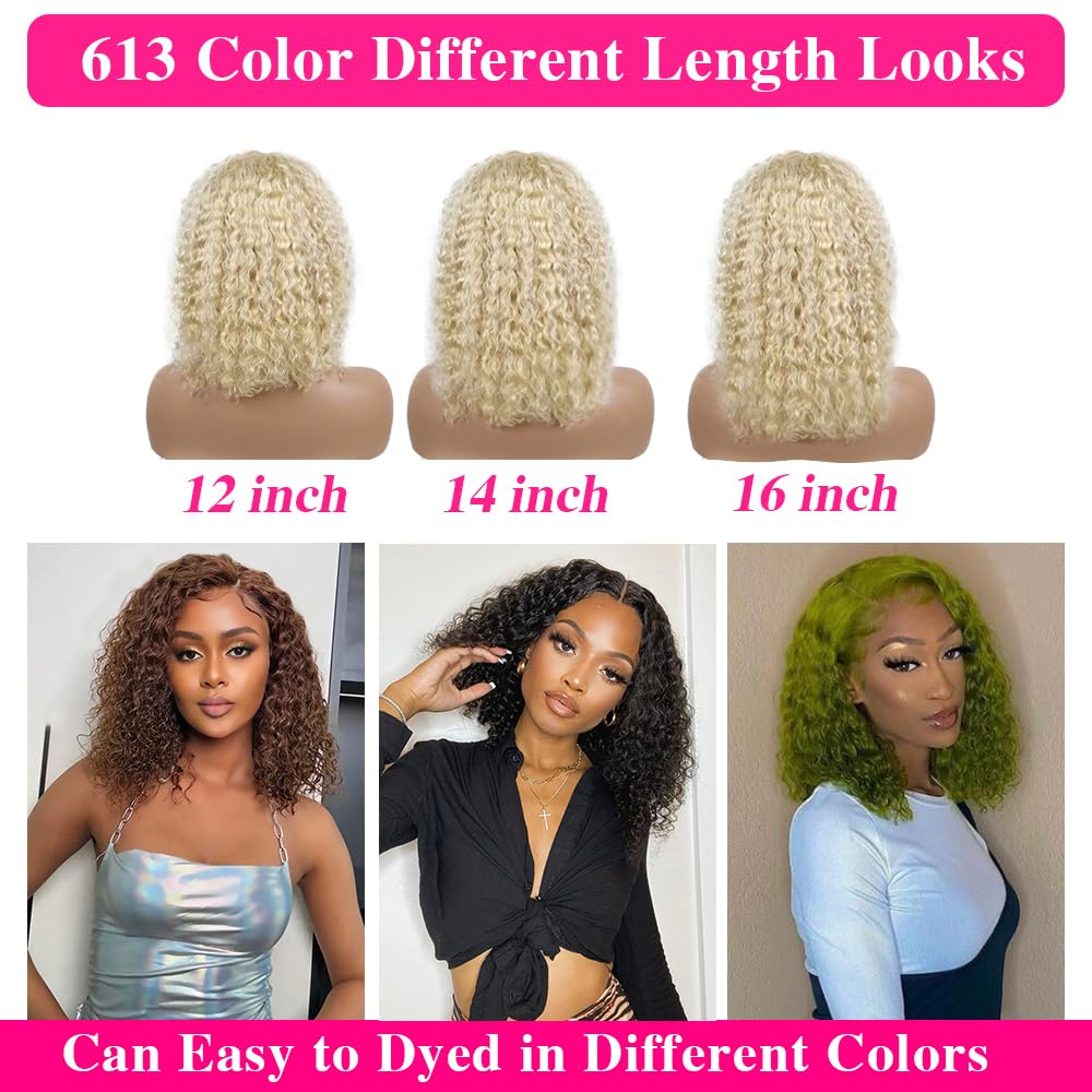 613 Blonde Bob Wig Human Hair 13x4 Lace Front Wig - Short Curly Bob Wigs for Black Women with Pre-Plucked Baby Hair & 180% Density (12 Inch) - Perfect for Cosplay, Daily Wear & Special Occasions