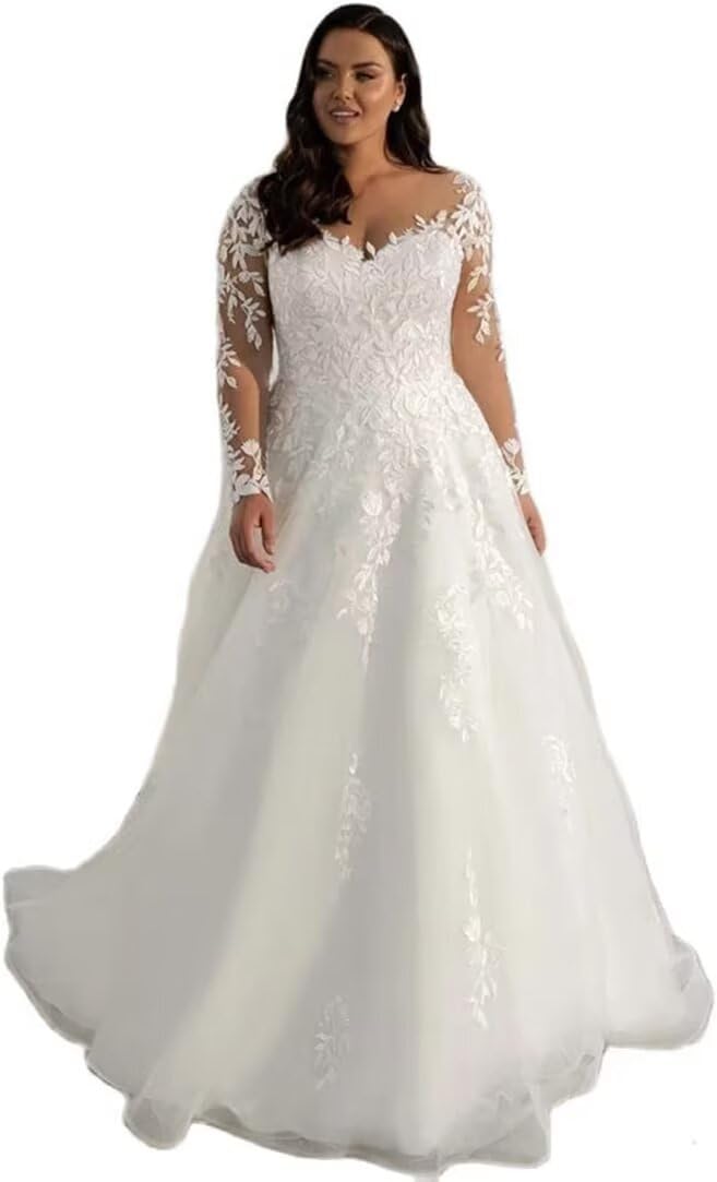 Elegant Plus Size Lace Applique Long Sleeve Wedding Dress 2025 - Button Back Bridal Gown for Women | Perfect for Church, Beach & Formal Weddings