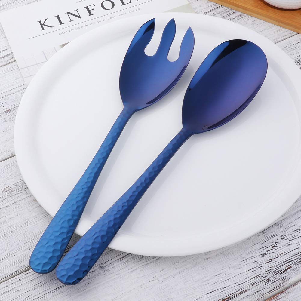 Stainless Steel Salad Spoon and Fork Set - 12 Inch Blue Large Serving Utensils (Pack of 2) | Dishwasher Safe | Perfect for Parties, BBQs, and Family Gatherings