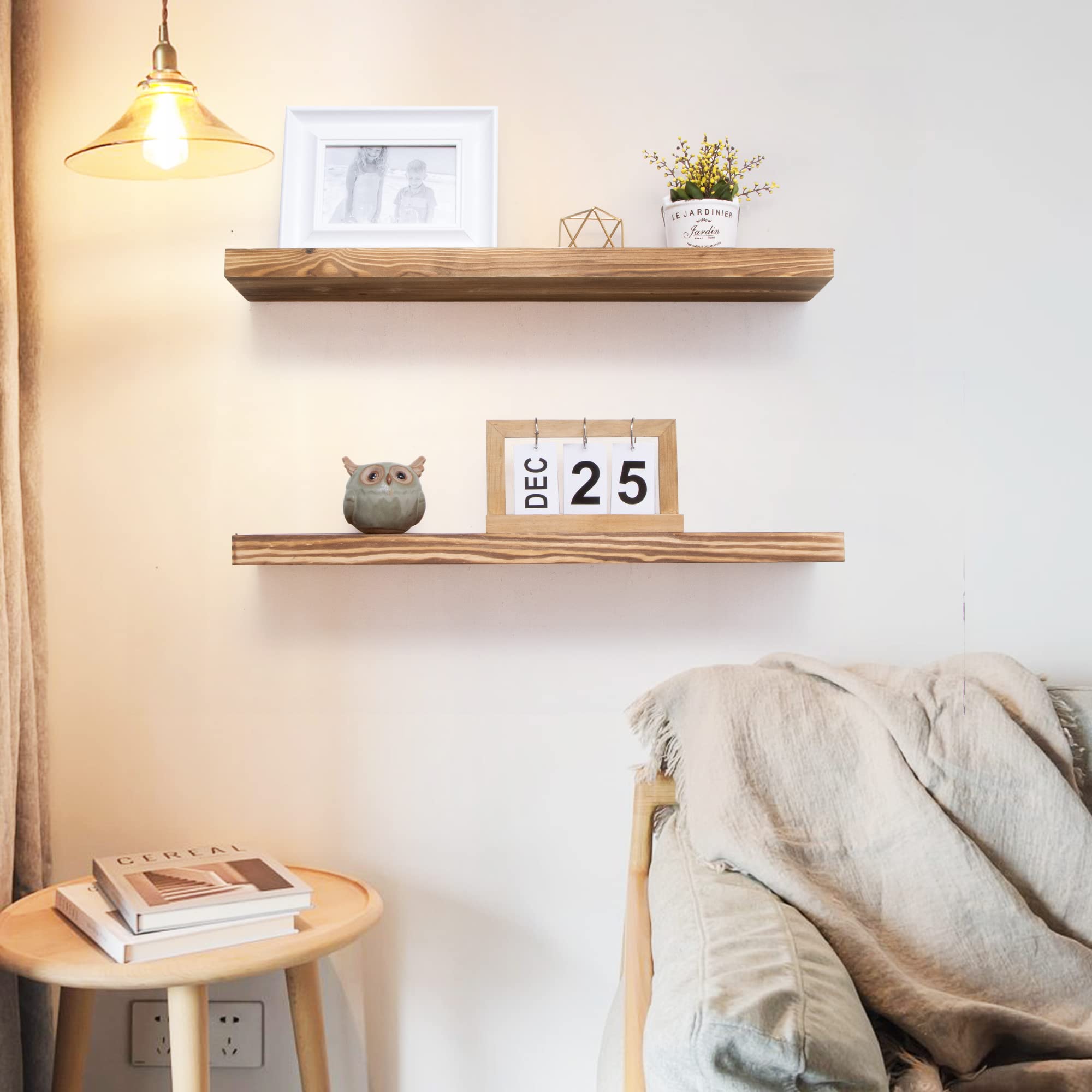 Handcrafted European Pine Floating Shelves Set of 2 - 24 Inch Natural Rustic Wood Wall Shelves for Storage & Display | Farmhouse Decor for Kitchen, Bathroom, Living Room & Bedroom | Carbonized Finish | Perfect for Organizing Spices, Books & Decor Items
