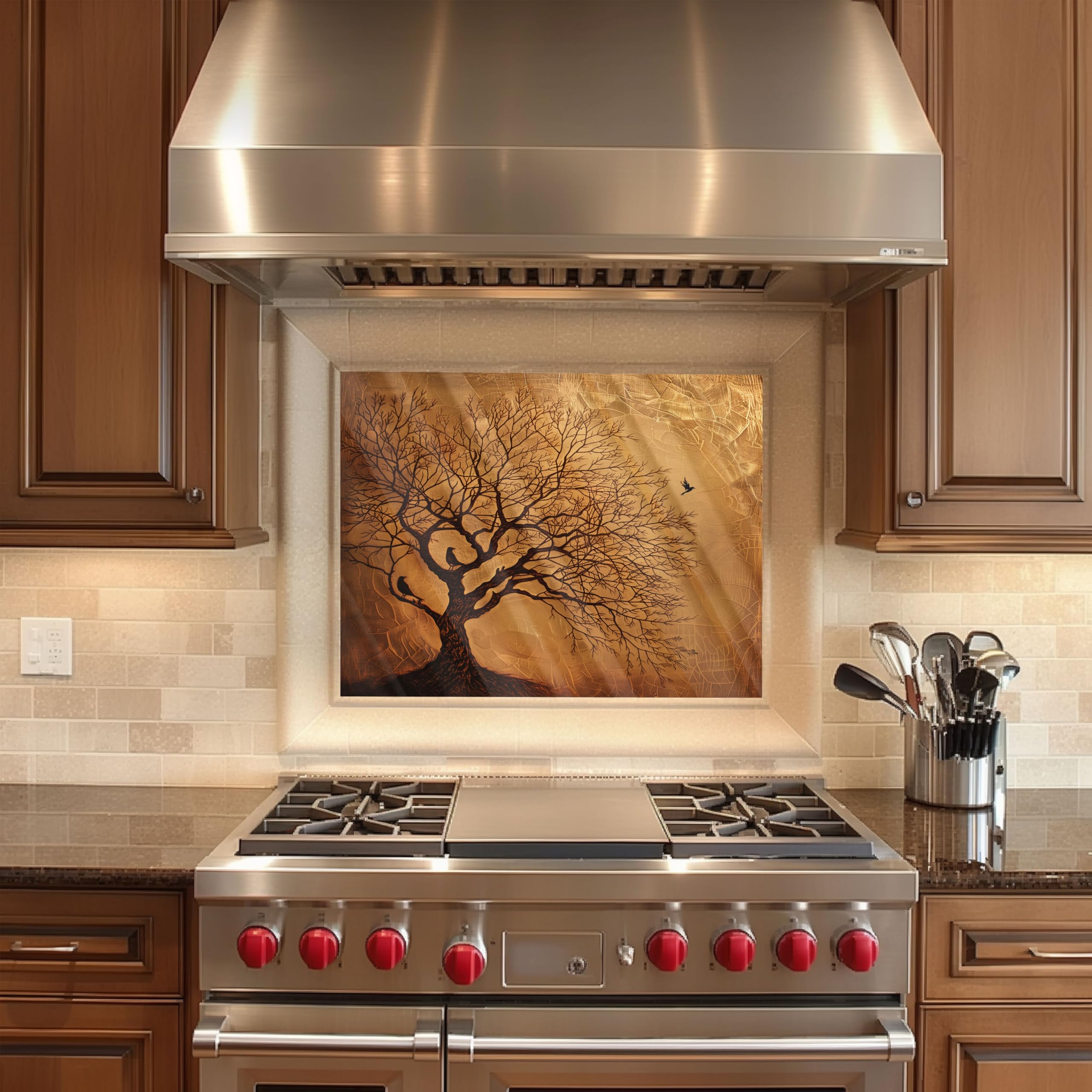 Tree of Life Tempered Glass Kitchen Backsplash - Heat Resistant, Easy to Clean Stove Backsplash, Stick-On Tiles for Modern Kitchen Walls, Perfect for Cooking and Baking Spaces
