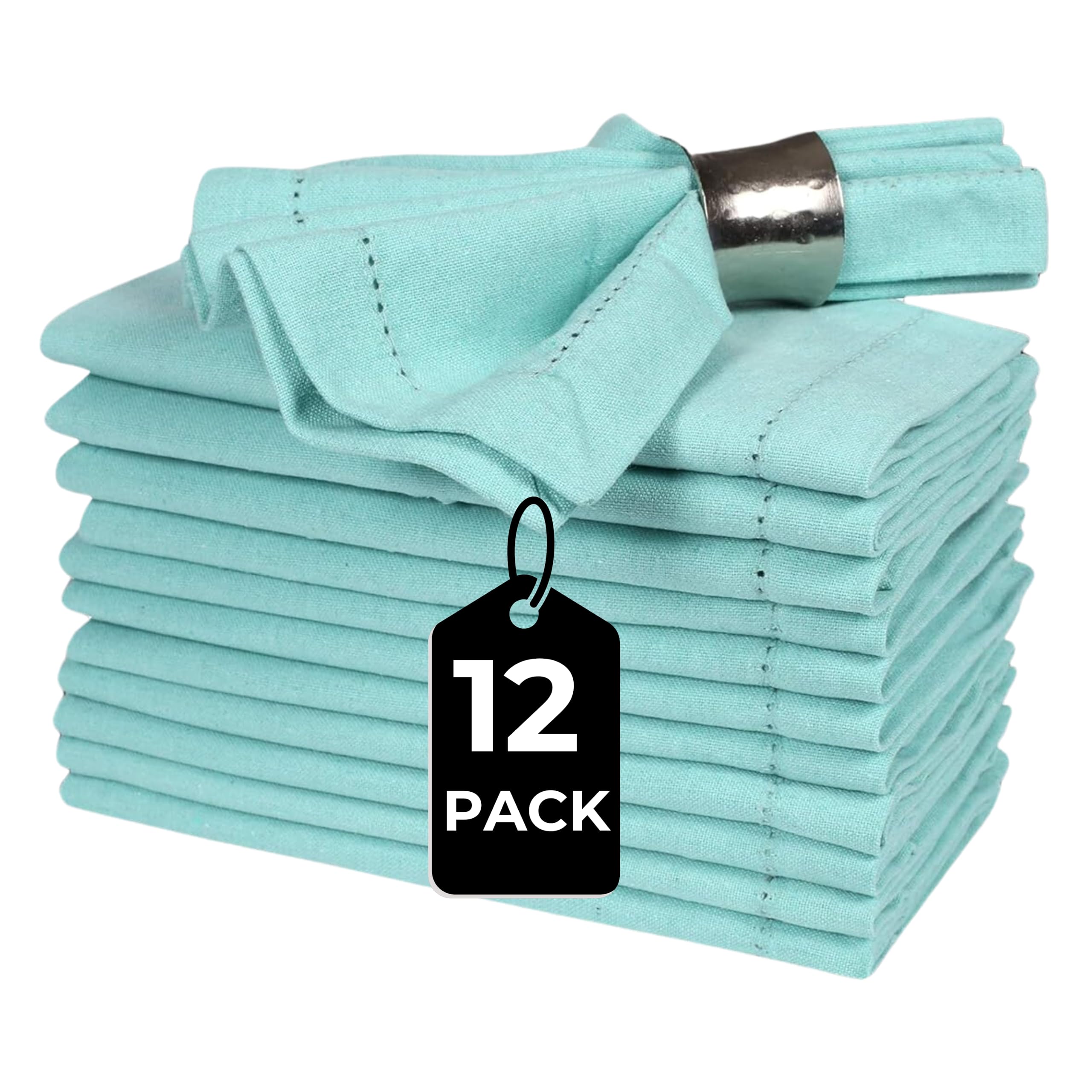 Premium Cotton Cloth Napkins Set of 12 - 18x18 Inch Aqua Blue with Hemstitched Mitered Corners for Wedding, Dinner Parties & Table Decor - Reusable Eco-Friendly Napkins for Fine Dining, Holiday Gatherings & Special Occasions