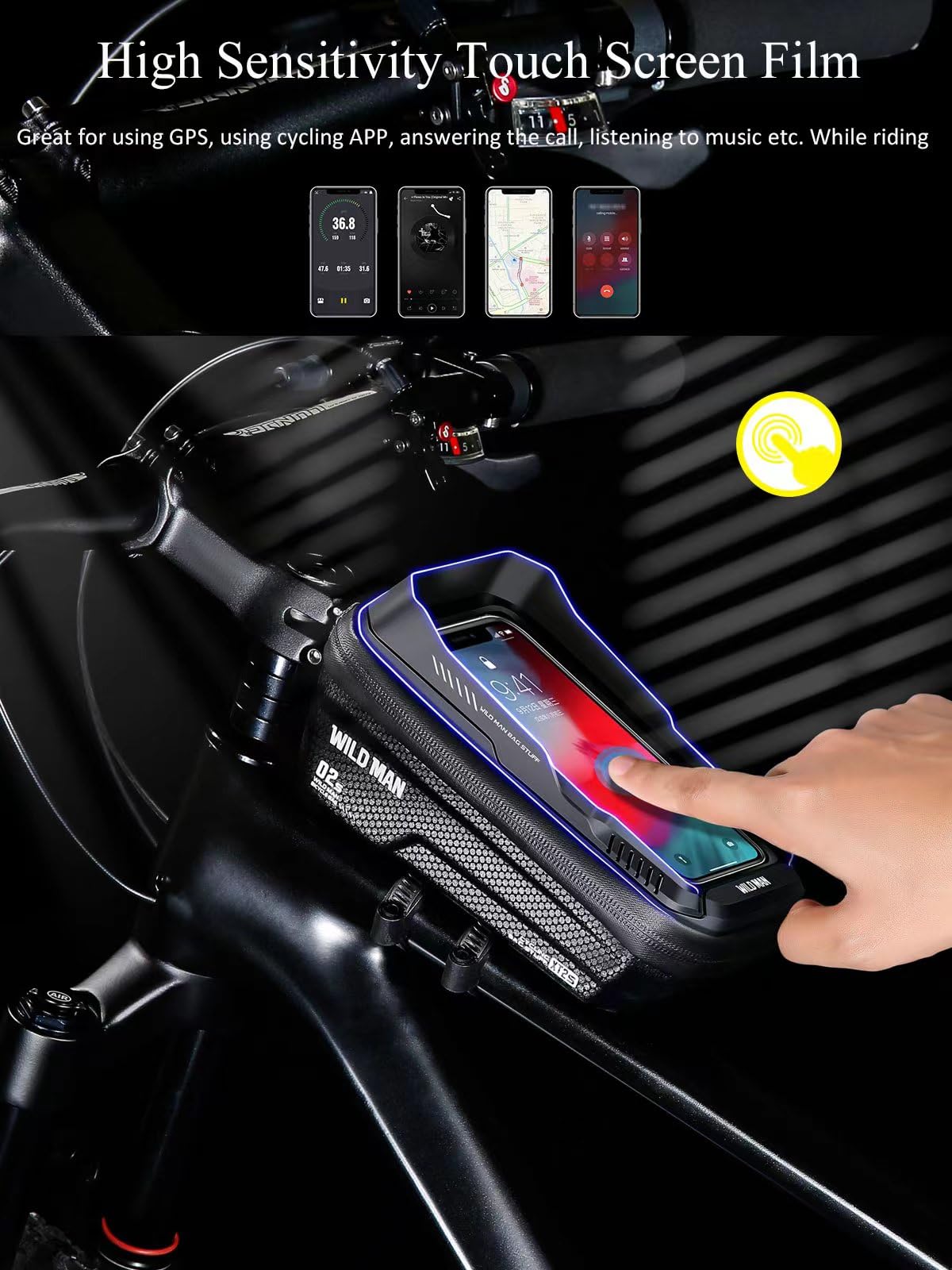 **WILD MAN Bike Phone Holder Bag - Waterproof Bicycle Accessories for Cycling, Adjustable Mount for Phones Under 6.7