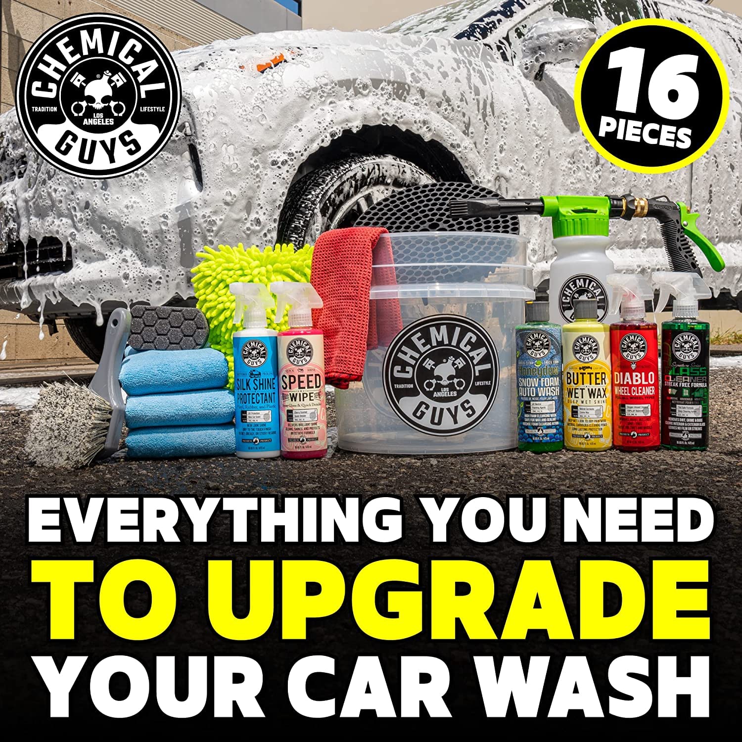 Chemical Guys CWS20716FG 10-Piece Car Wash Kit with Foam Gun, Bucket & 16 oz Car Care Chemicals - Extreme Bodywash & Wax Foaming Soap for Shine & Protection (Works with Garden Hose) - Perfect for Home Car Washing, Detailing & Vehicle Maintenance